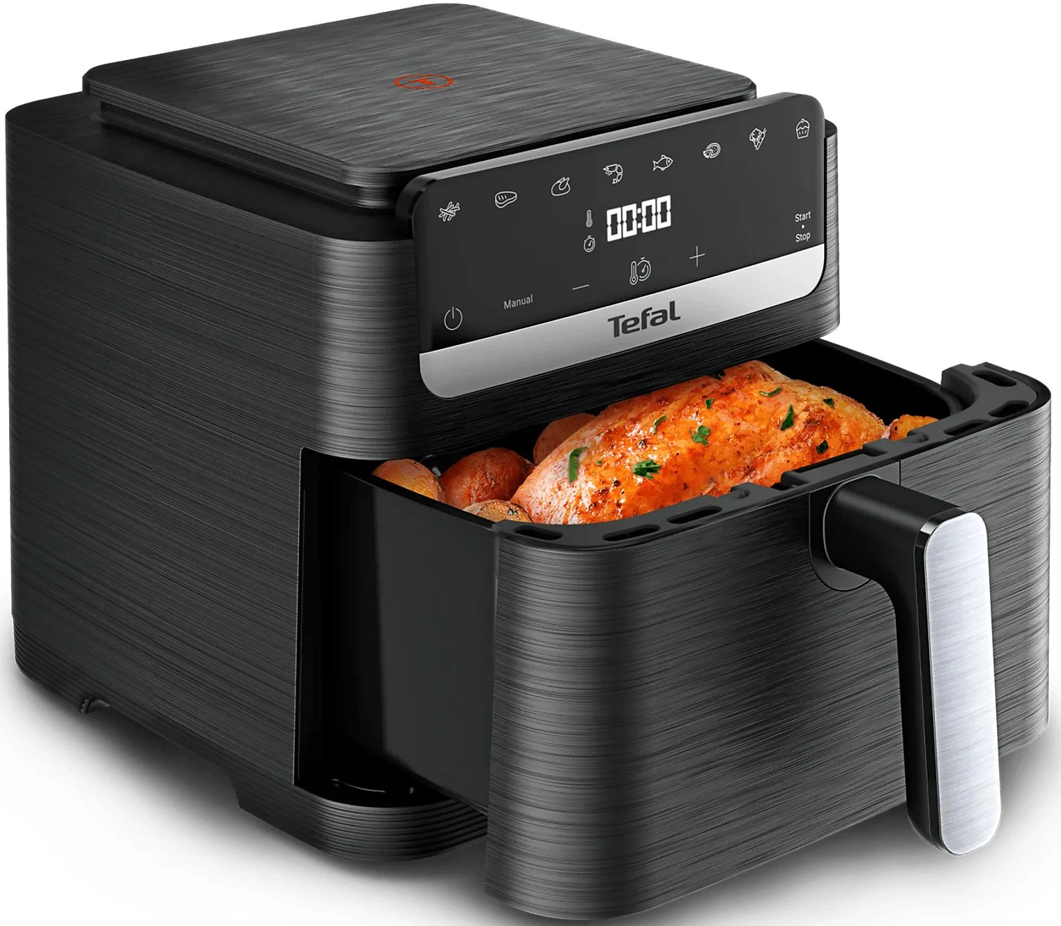 Une friteuse à air Tefal noire avec poulet rôti et pommes de terre.