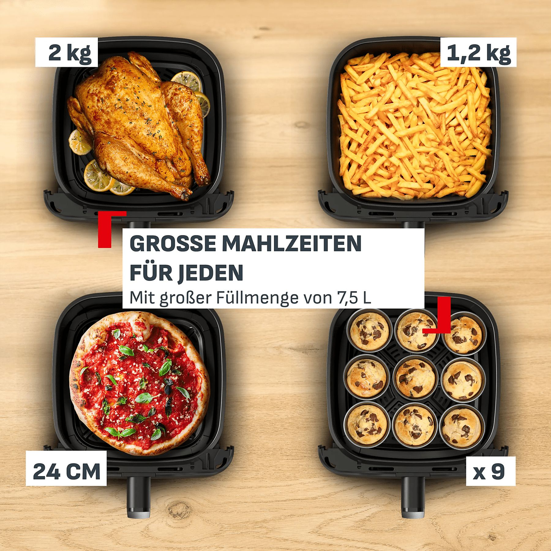 Une friteuse à air montrant un poulet, des frites, une pizza et des muffins. Capacité 7,5L.
