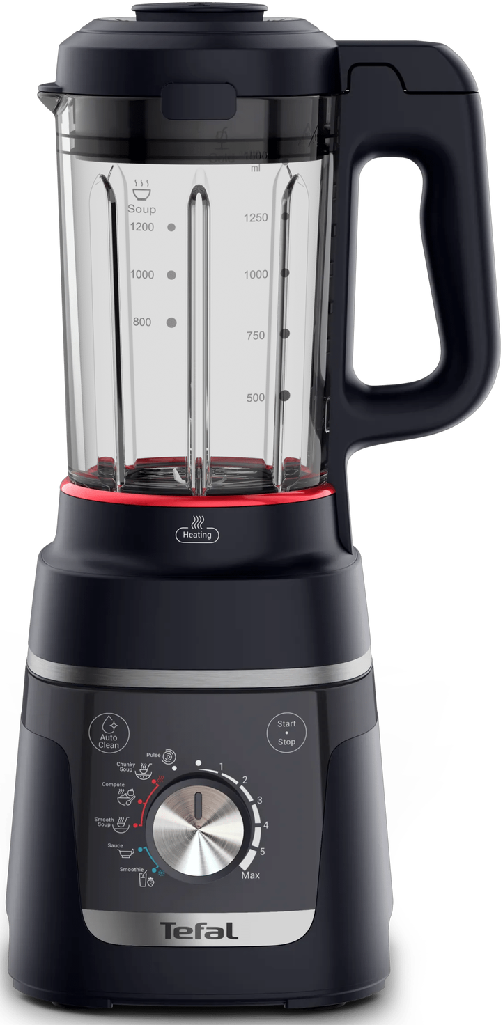 Ein schwarzer Tefal-Mixer mit Glaskrug, Bedienelementen und rotem Akzent.