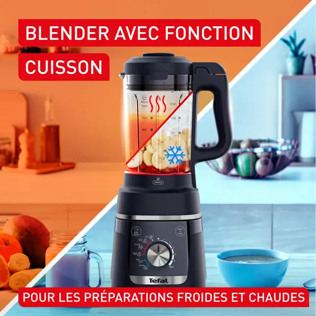 Ein Tefal Standmixer mit Kochfunktion, der kalte und heiße Zubereitungen ermöglicht.