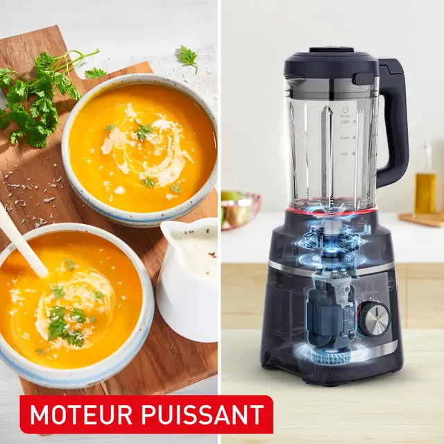 Zwei Schüsseln Kurbiskernsuppe neben einem Mixer mit sichtbarem Motor.