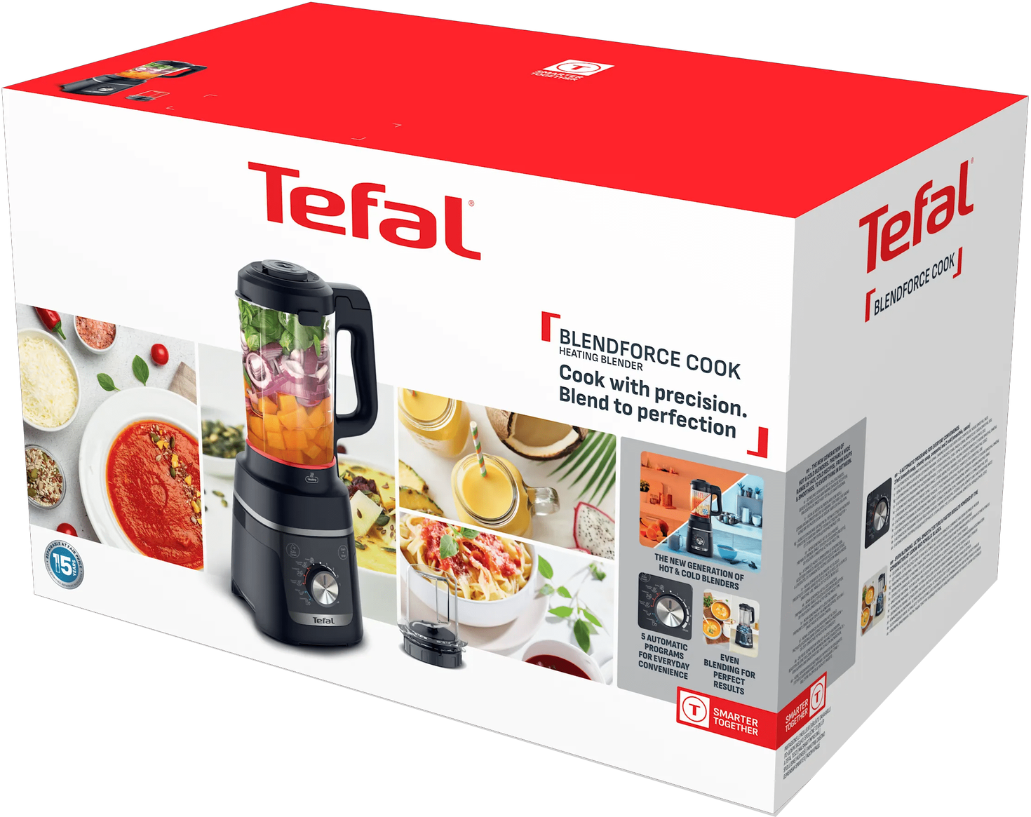 Tefal Blendforce Cook Heizblender auf Kartonverpackung mit Zutaten und Gerichten.