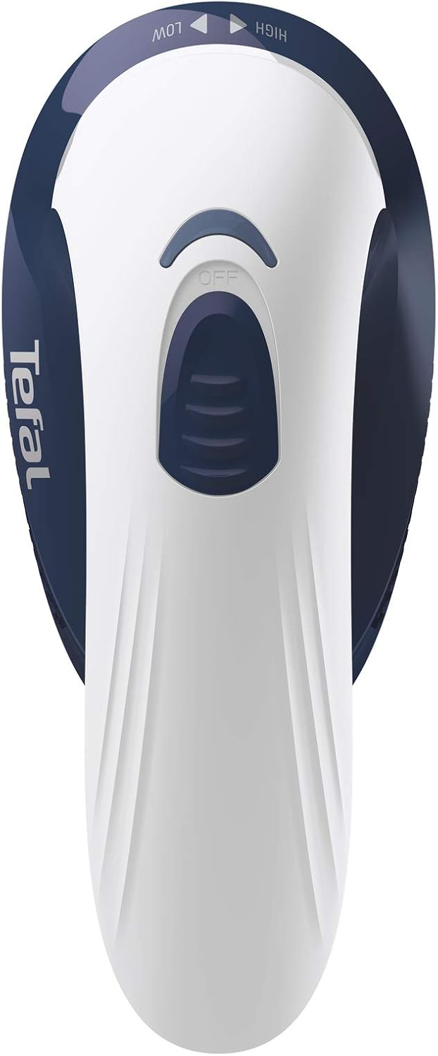 Ein weißes und blaues Tefal-Gerät mit Bedienelementen für niedrige, hohe und aus-Schalter.