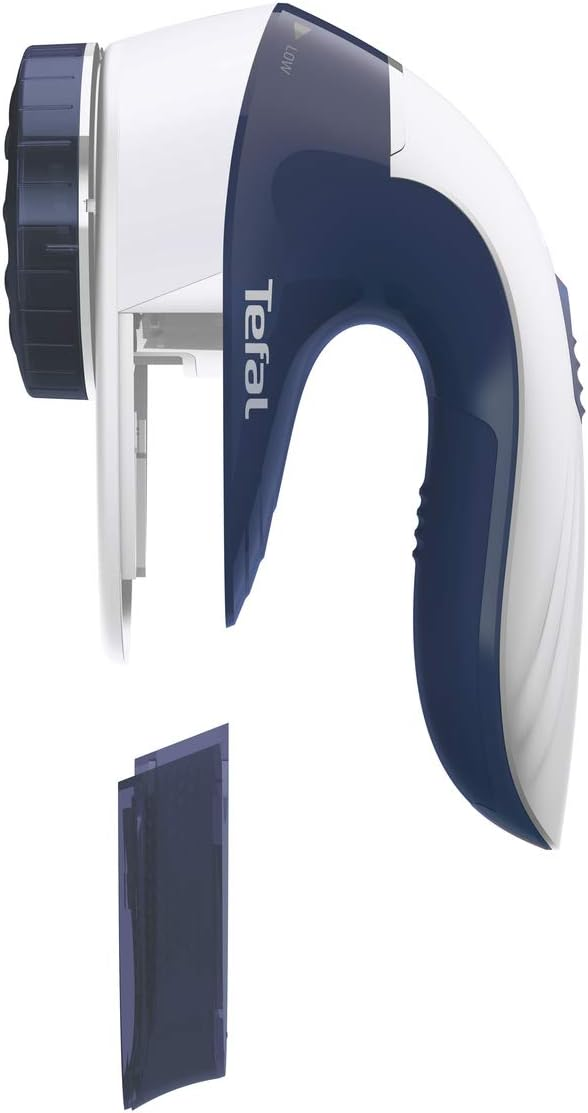 Ein weiß-blauer Tefal Fusselentferner mit abnehmbarem Sammelbehälter.