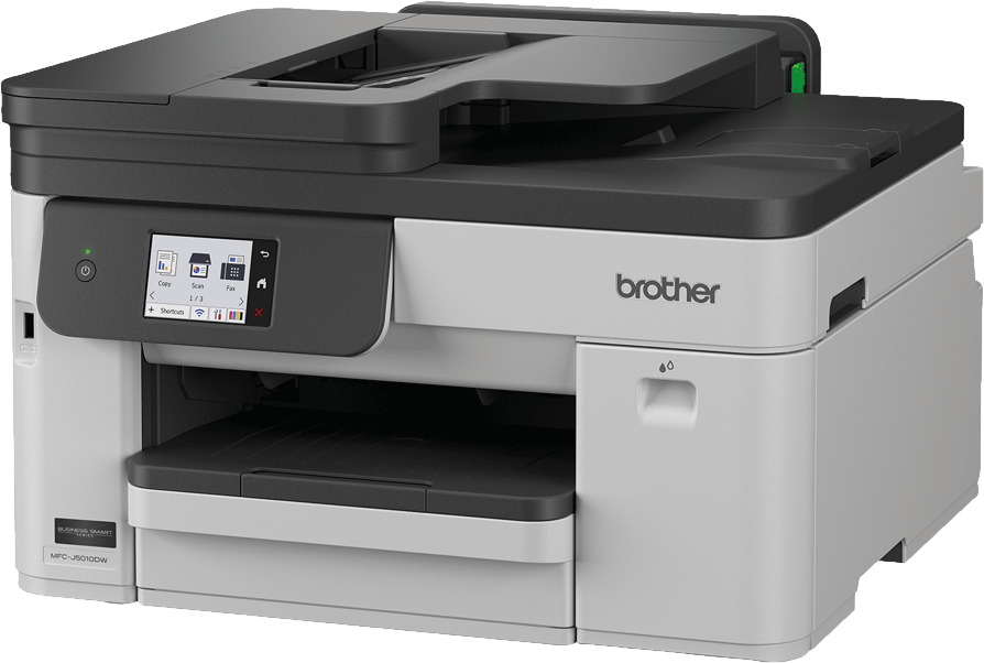 Imprimante Brother MFC-J5010DW avec écran tactile, bac à papier et chargeur.
