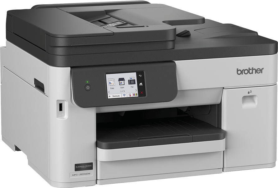 Une imprimante Brother MFC-J5010DW noir et blanc avec écran tactile.