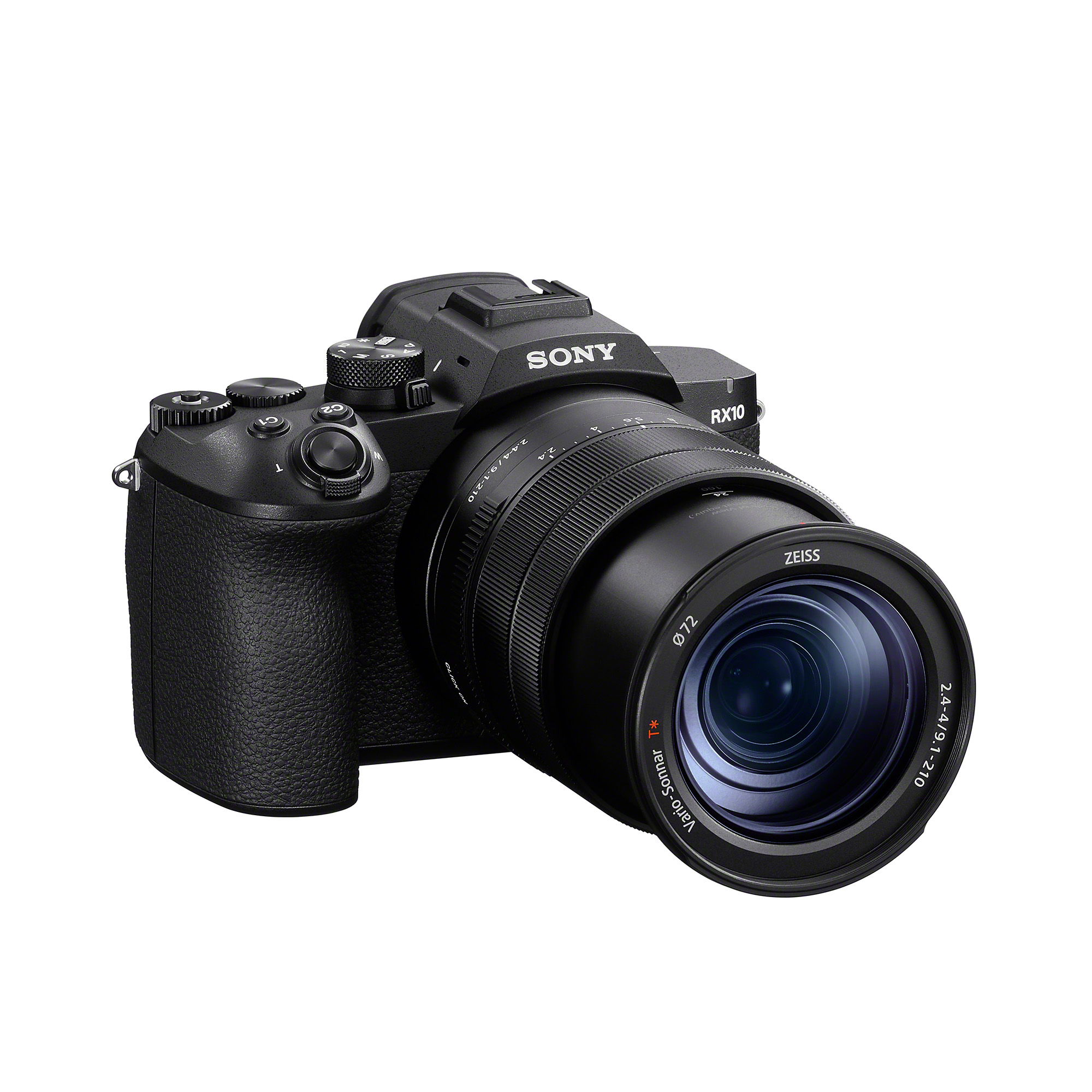 Schwarze Sony RX10 Kamera mit zoomobjektiv von Zeiss. Frontansicht.
