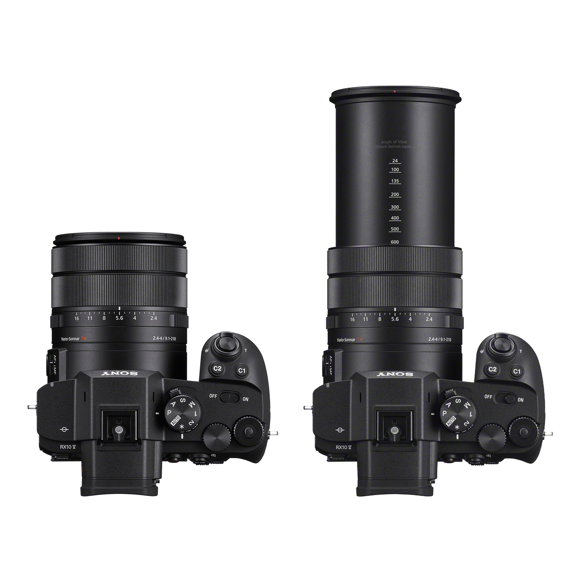 Zwei Sony RX10 V Kameras mit unterschiedlichen Objektiven von oben gezeigt. Eine hat ein kürzeres Objektiv, die andere ein längeres Zoomobjektiv.