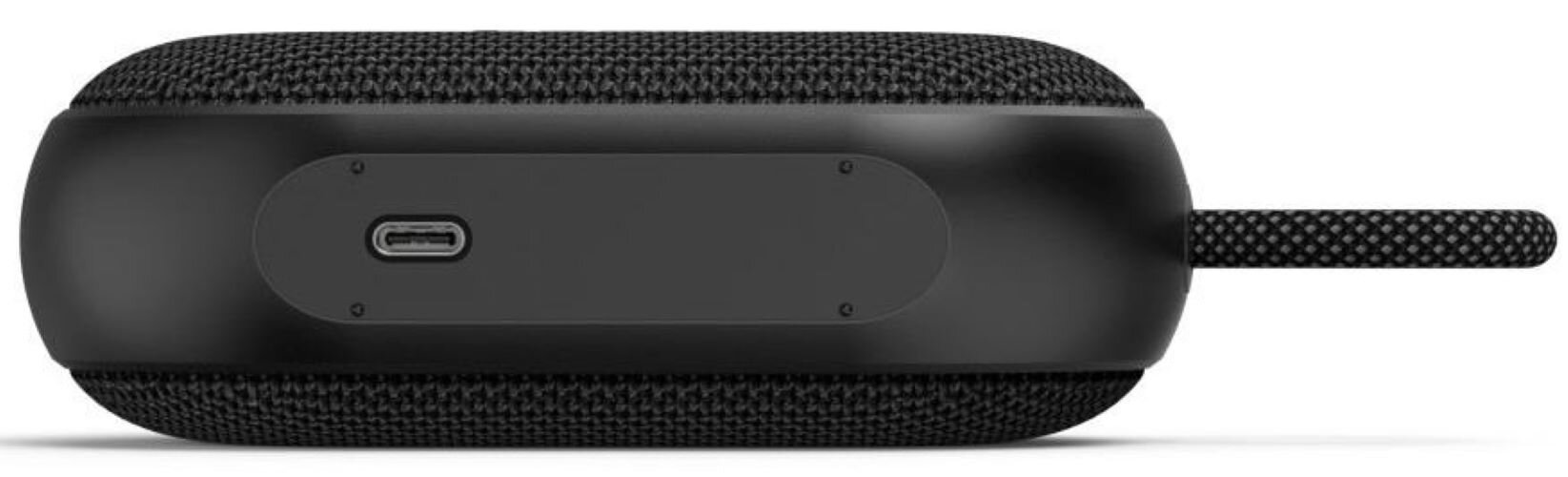 Czarny głośnik Bluetooth z portem USB-C i paskiem.