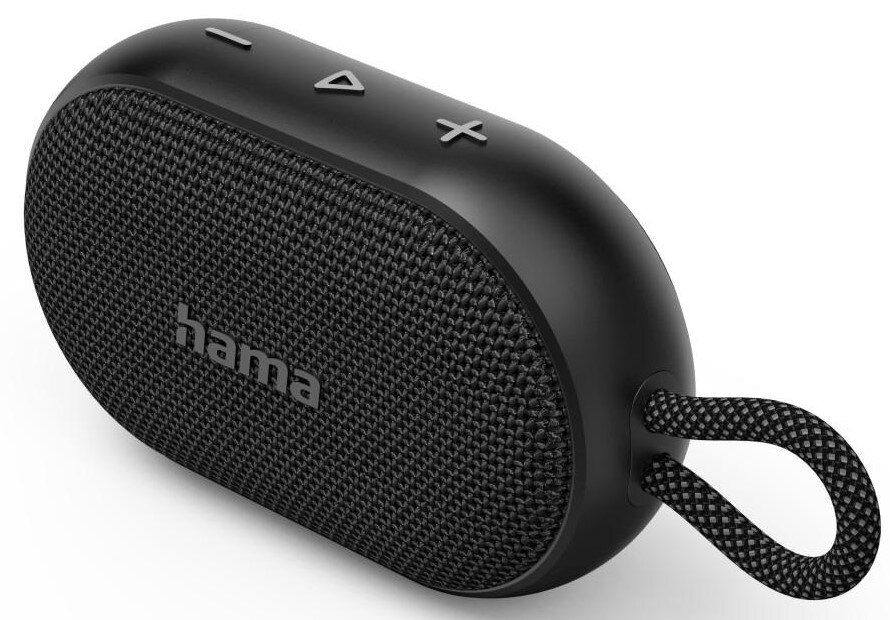 Czarny głośnik Bluetooth Hama z paskiem i przyciskami.