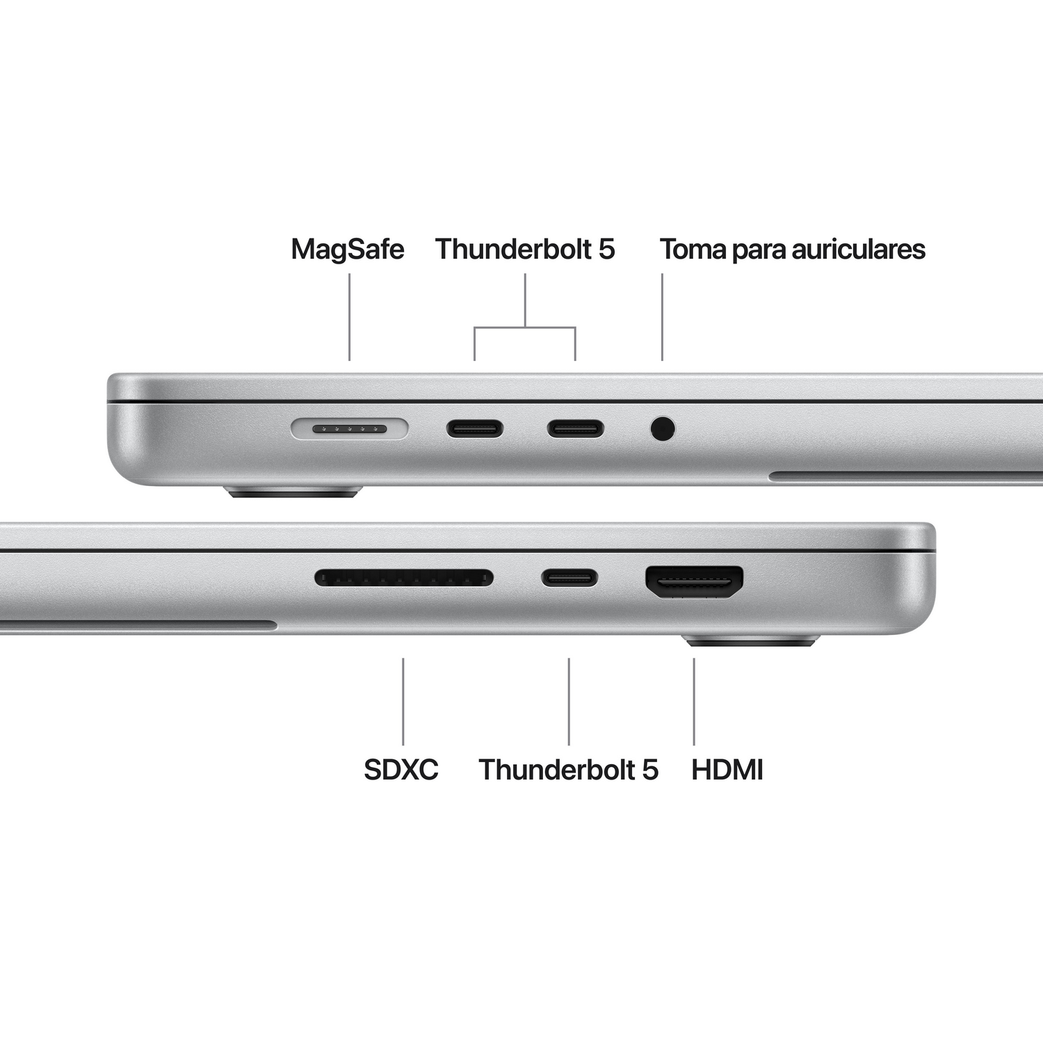 Vista lateral de un portátil mostrando puertos: MagSafe, 2x Thunderbolt 5, conector auriculares, SDXC, HDMI.
