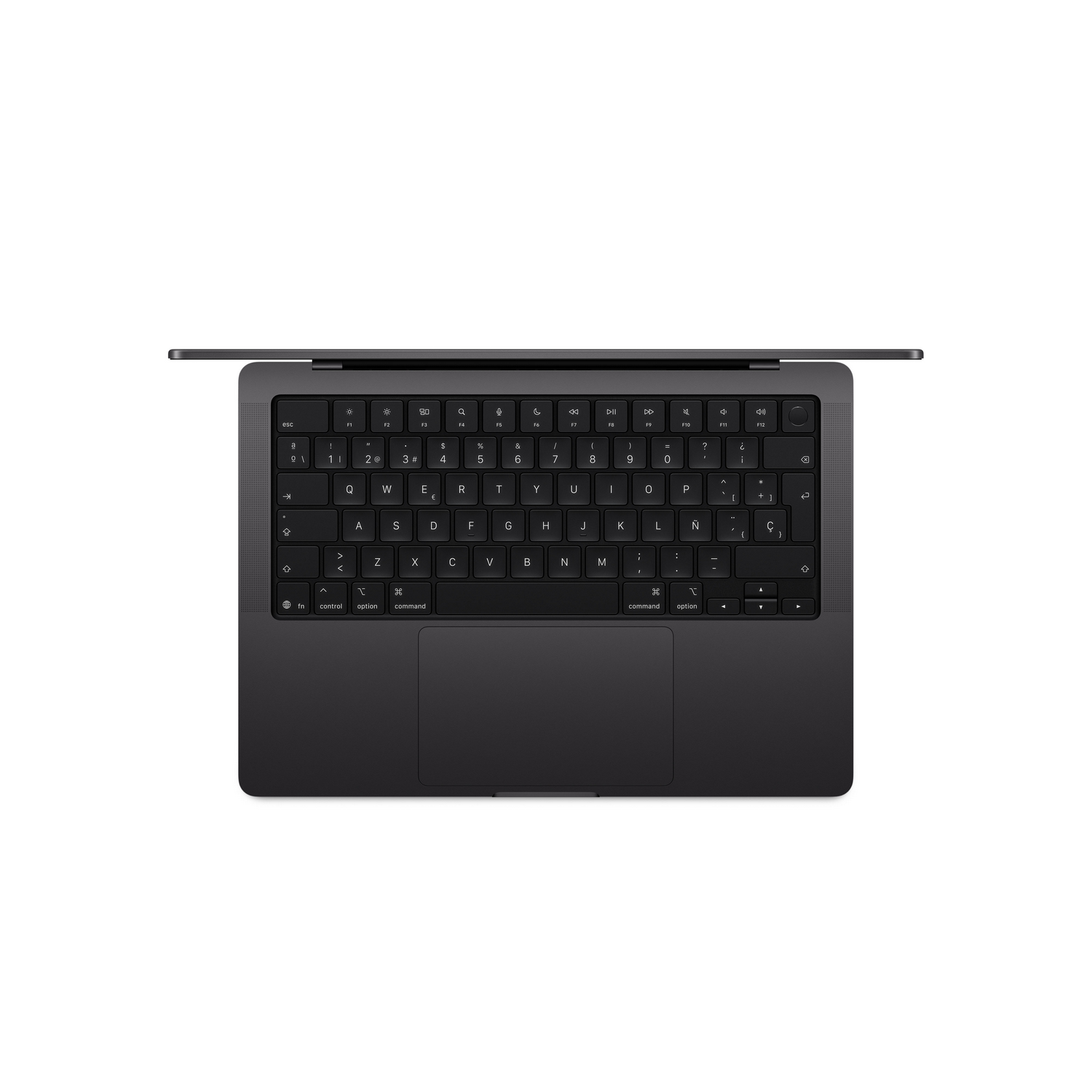 MacBook gris oscuro con tapa abierta, mostrando teclado y trackpad.