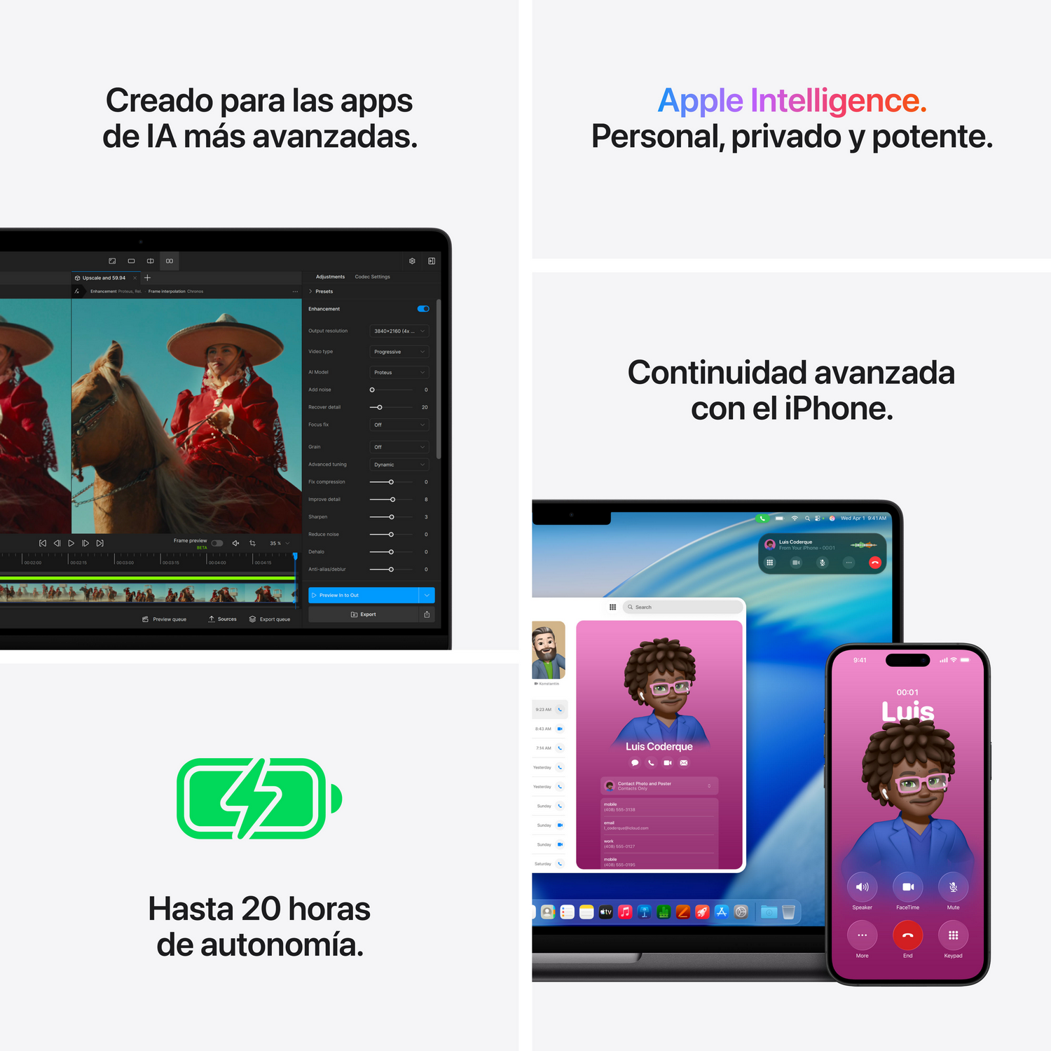 Un portátil muestra software de edición de vídeo, un iPhone y un MacBook una llamada FaceTime.