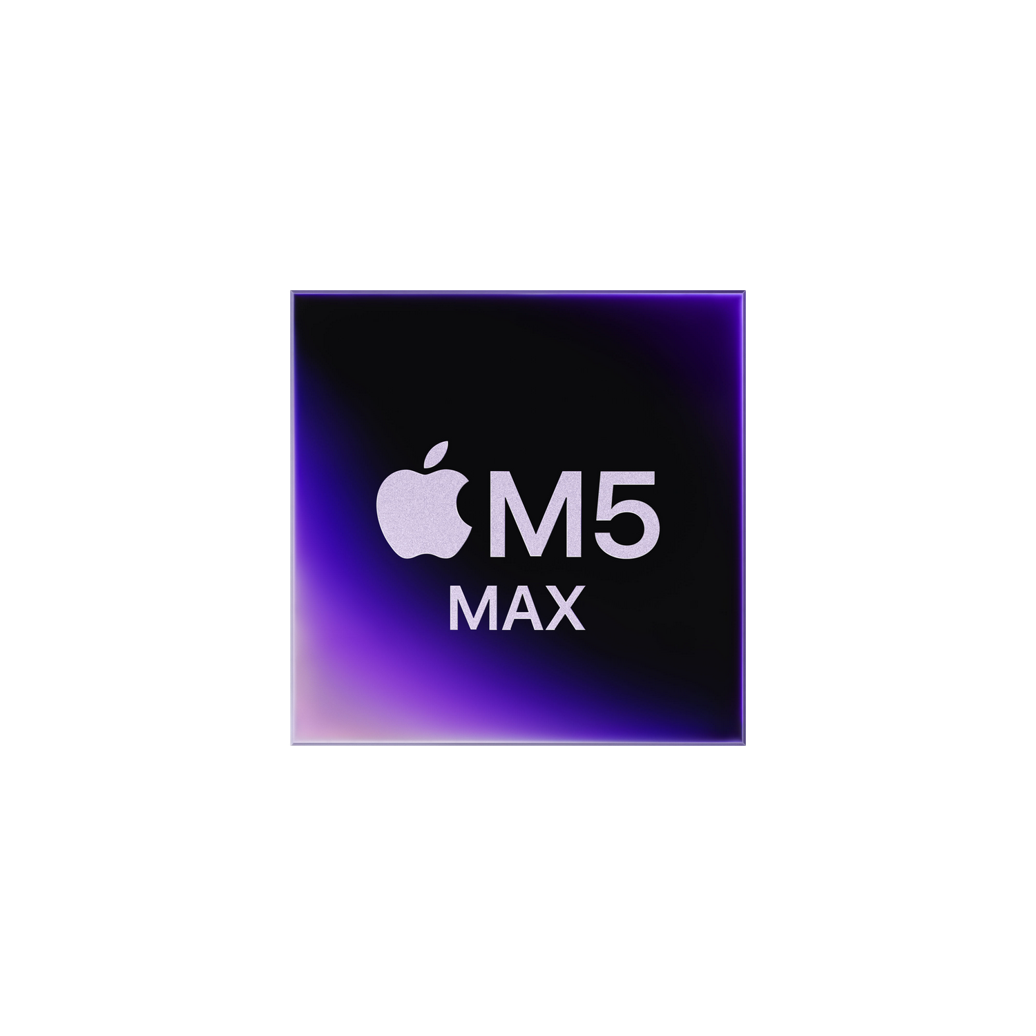 Logotipo Apple M5 Max sobre fondo negro con borde púrpura.