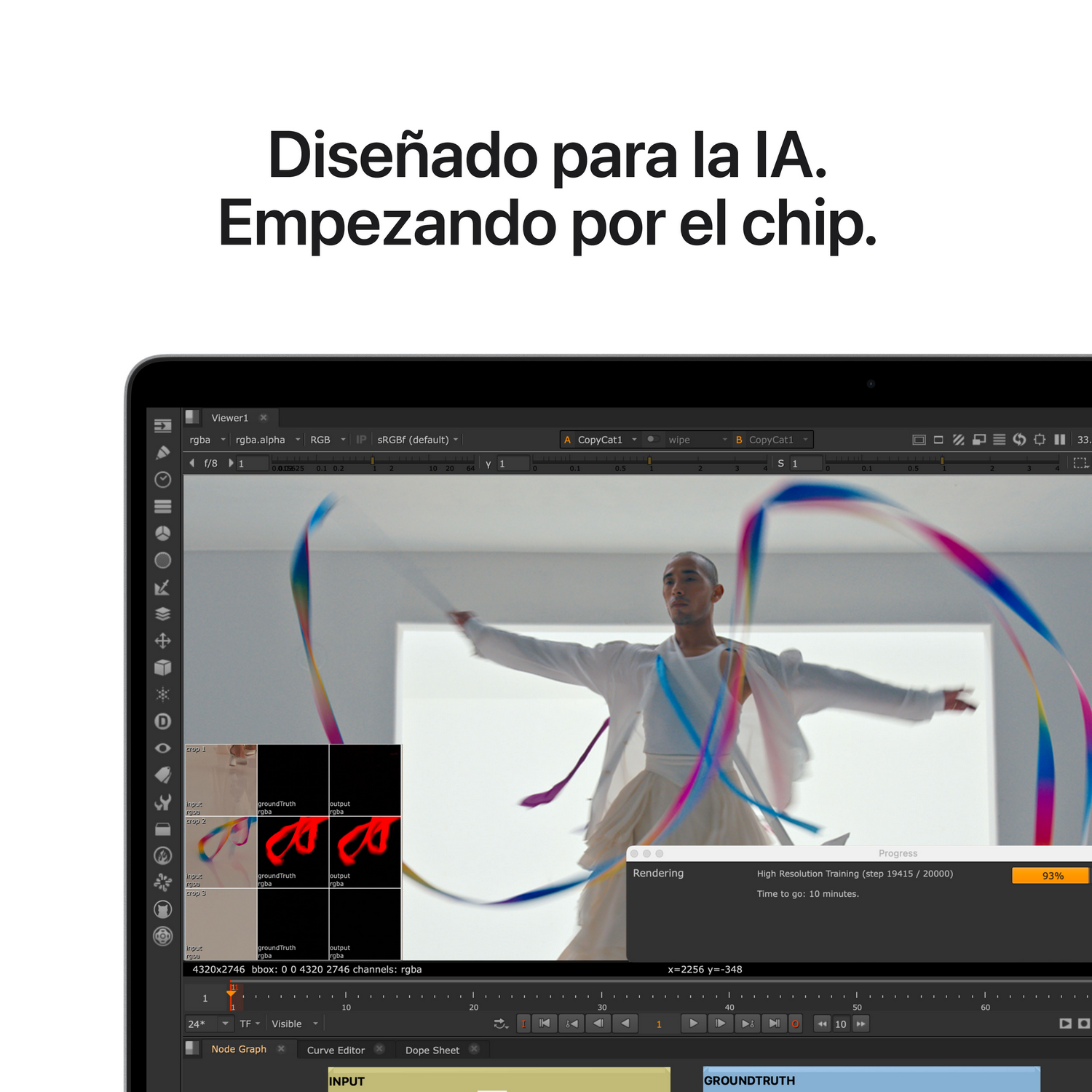 Un hombre baila con cintas coloridas sobre un fondo brillante, monitor de computadora al frente.