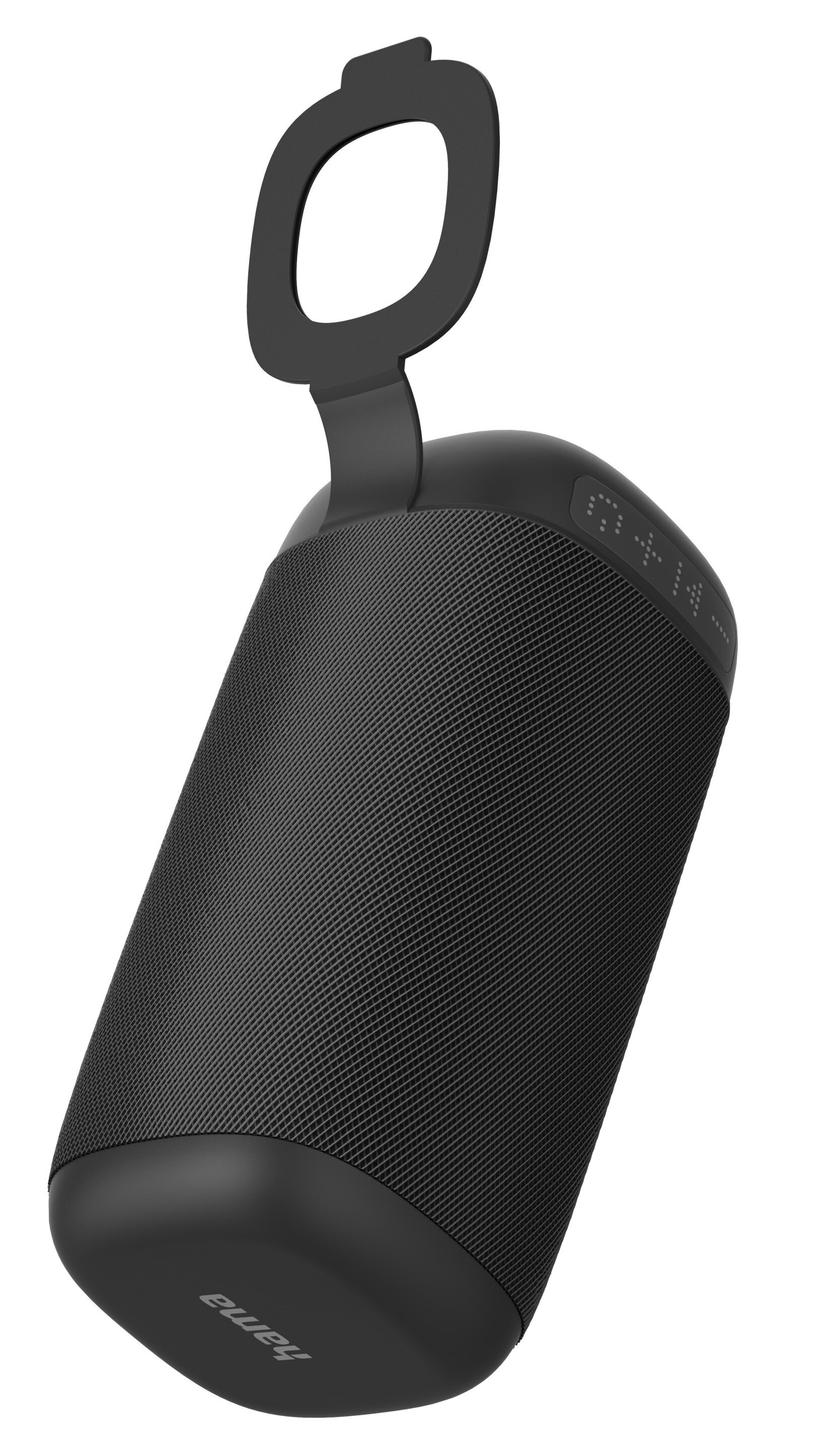 Czarny, cylindryczny głośnik Bluetooth z uchwytem i przyciskami.