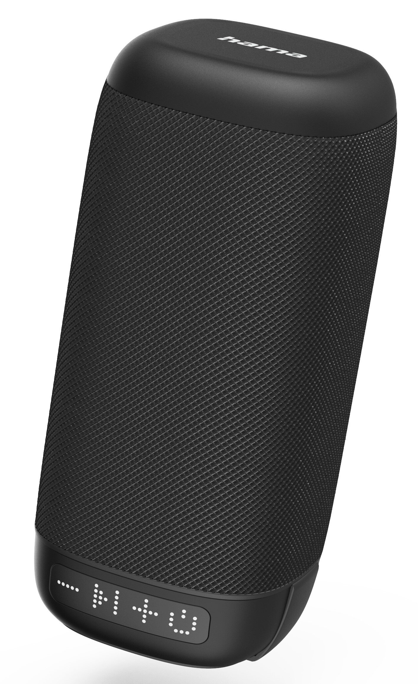Czarny głośnik Bluetooth z logo Hama i podświetlanymi kontrolkami.