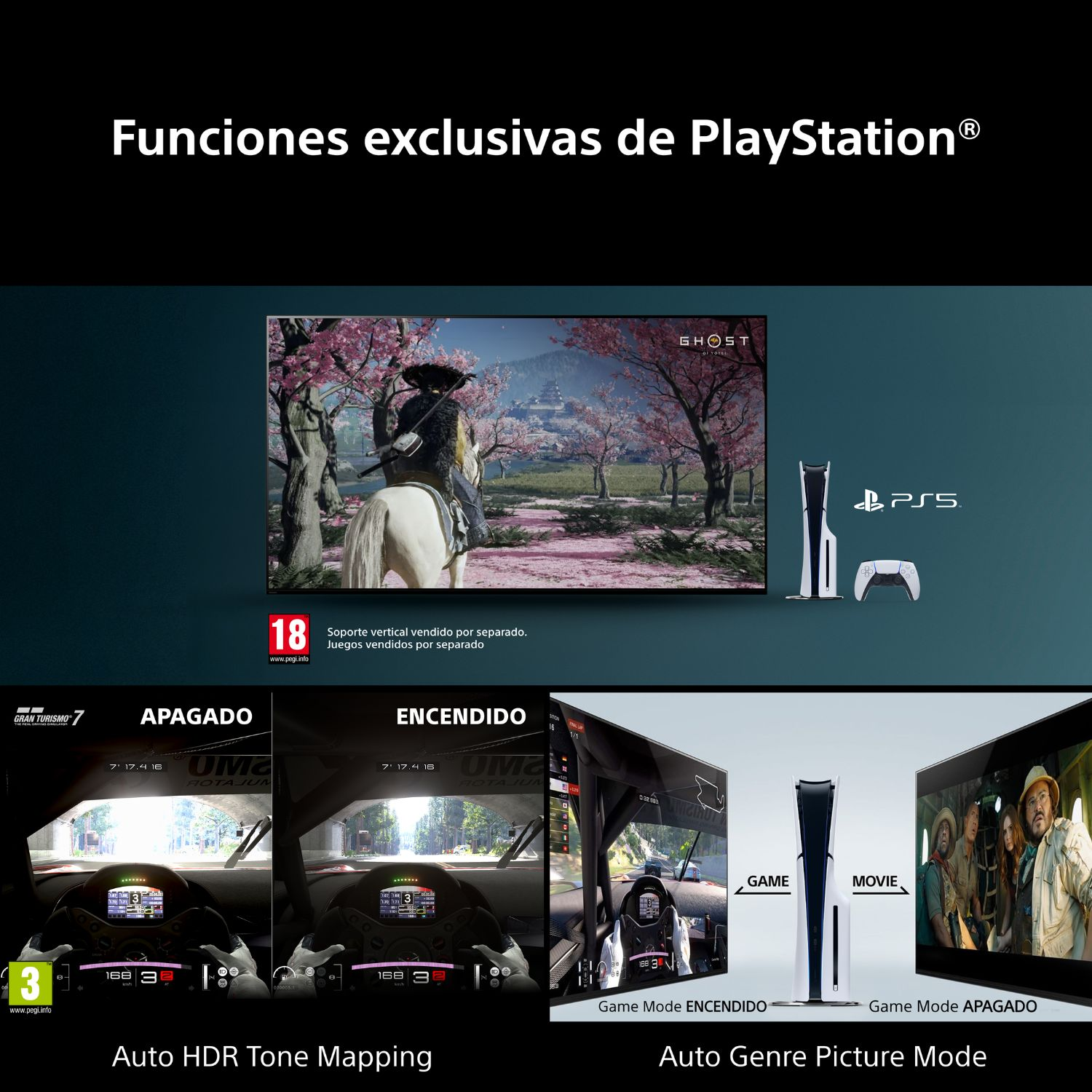 PlayStation 5 con juegos y películas. Gran Turismo 7 y Ghost of Tsushima.