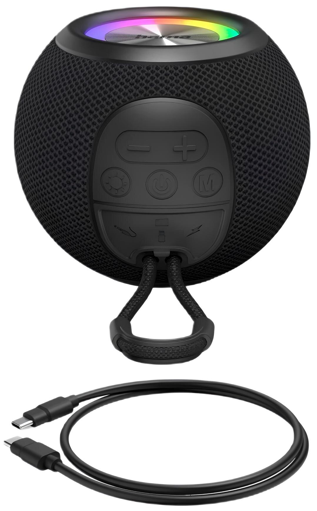 Czarny, kulisty głośnik Bluetooth z oświetleniem RGB i kablem USB-C.