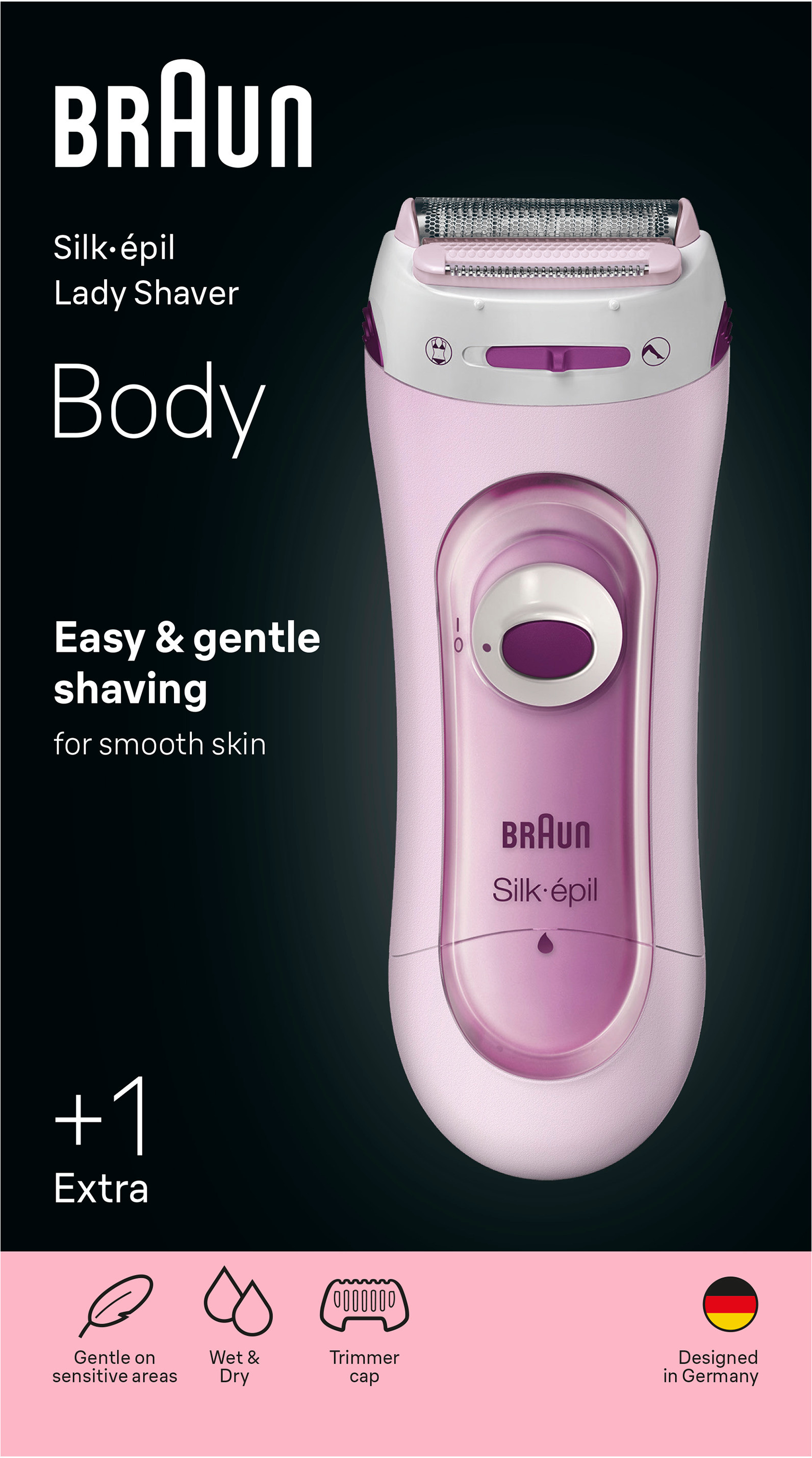 Un épilateur Braun Silk-épil rose pour le corps, avec texte 'Easy & gentle shaving'.
