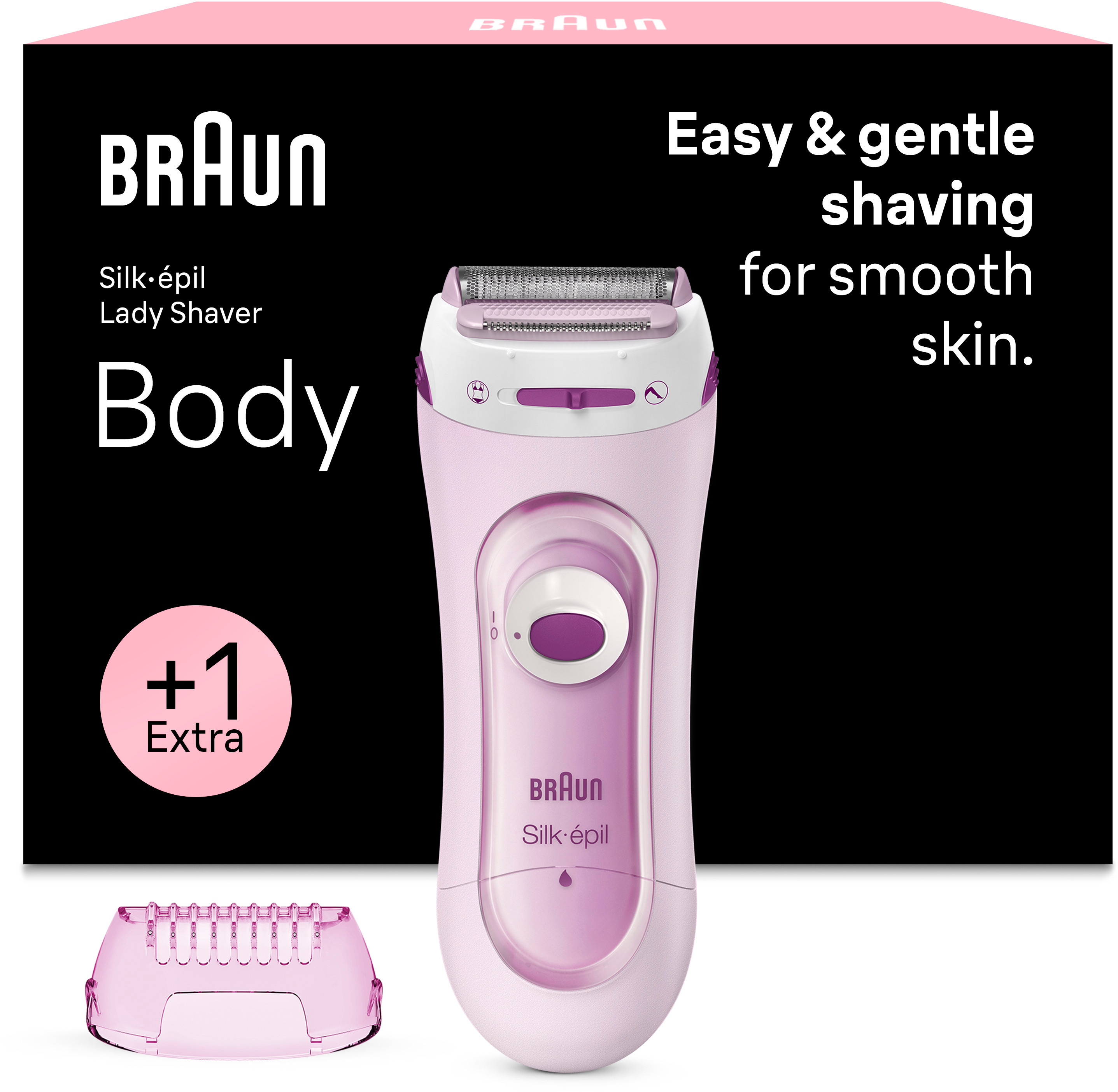 Un épilateur Braun Silk-épil rose avec accessoire et logo "+1 Extra".