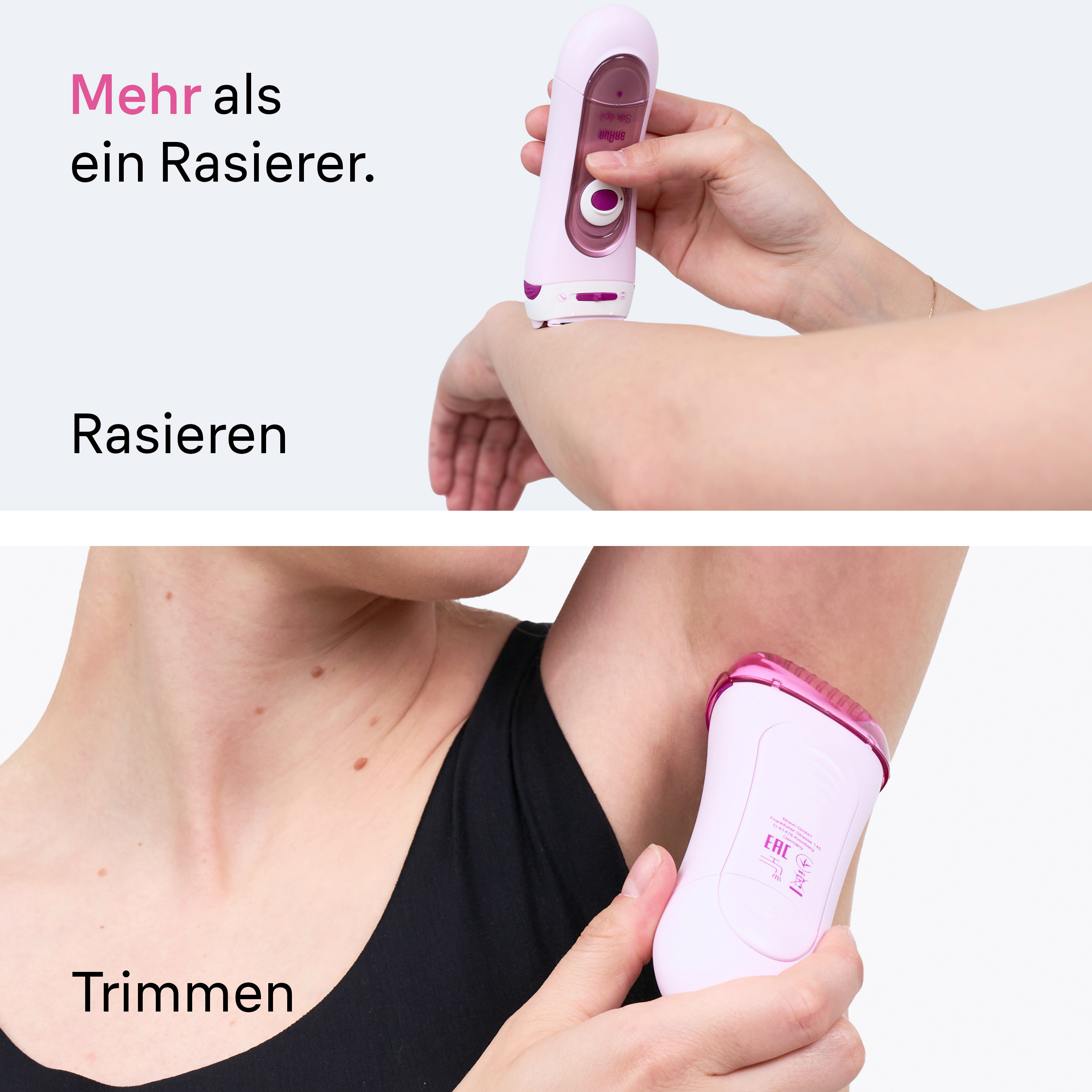 Une main tient un épilateur rose sur un bras. En bas, un autre bras avec épilateur.