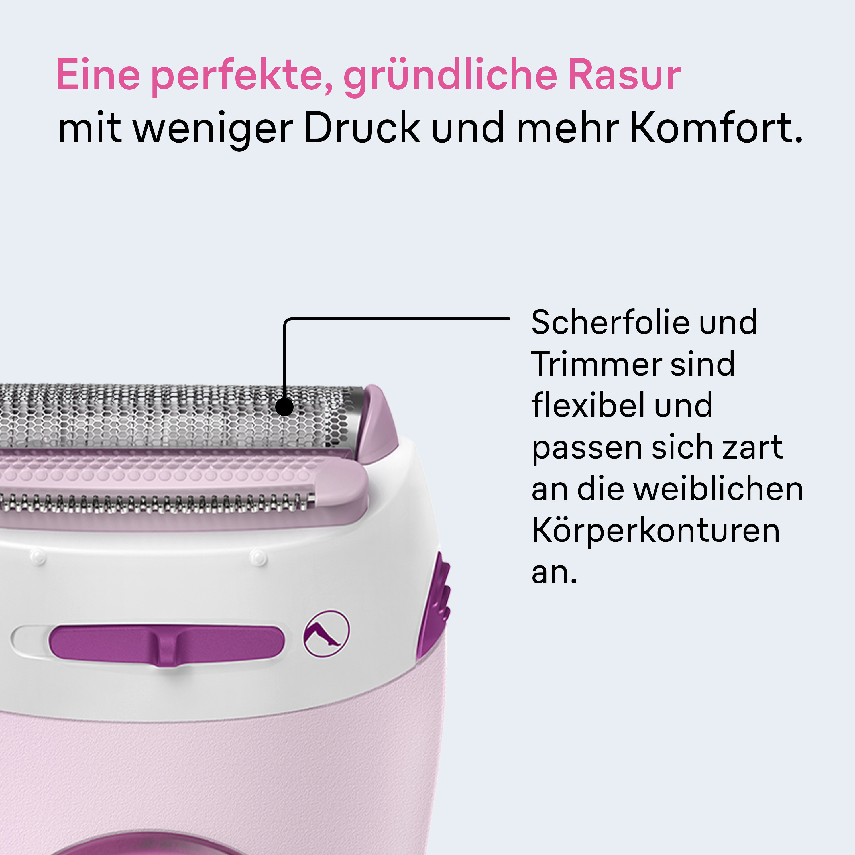 Gros plan d'un rasoir féminin rose et blanc avec tête à grille flexible.