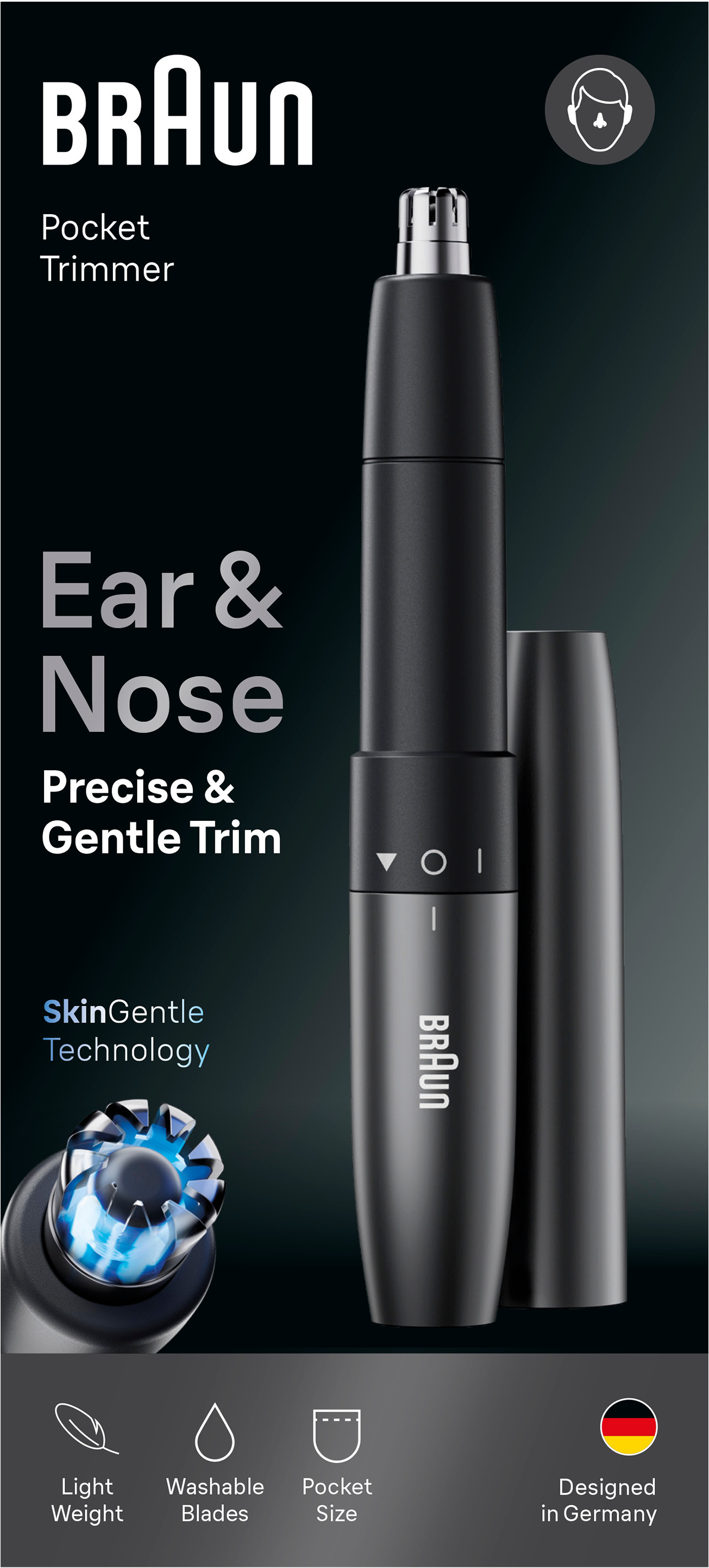 Tondeuse de poche Braun pour oreilles et nez avec technologie SkinGentle.
