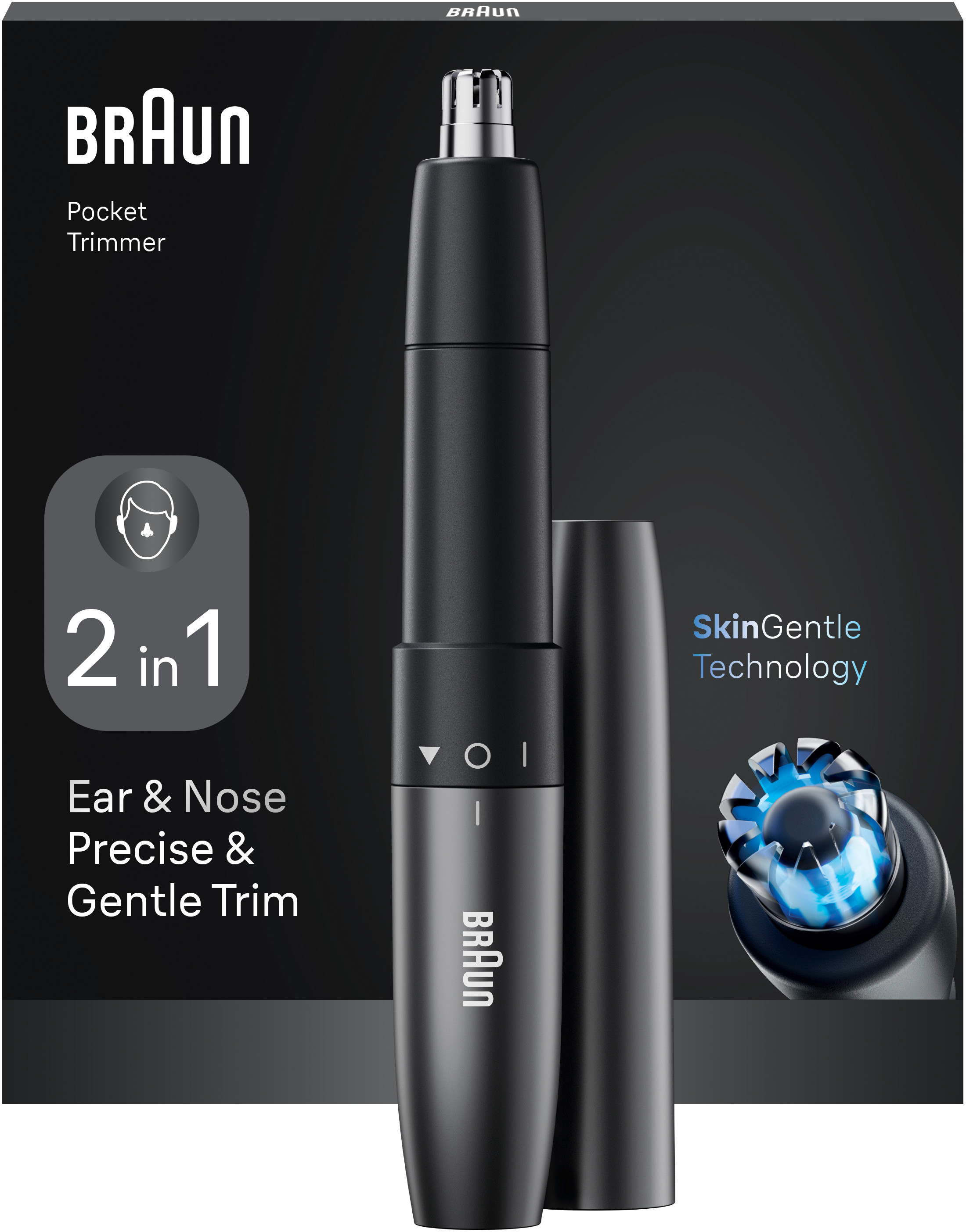 Un taille-haie Braun noir pour oreilles et nez avec pointe argentée. 2-en-1.