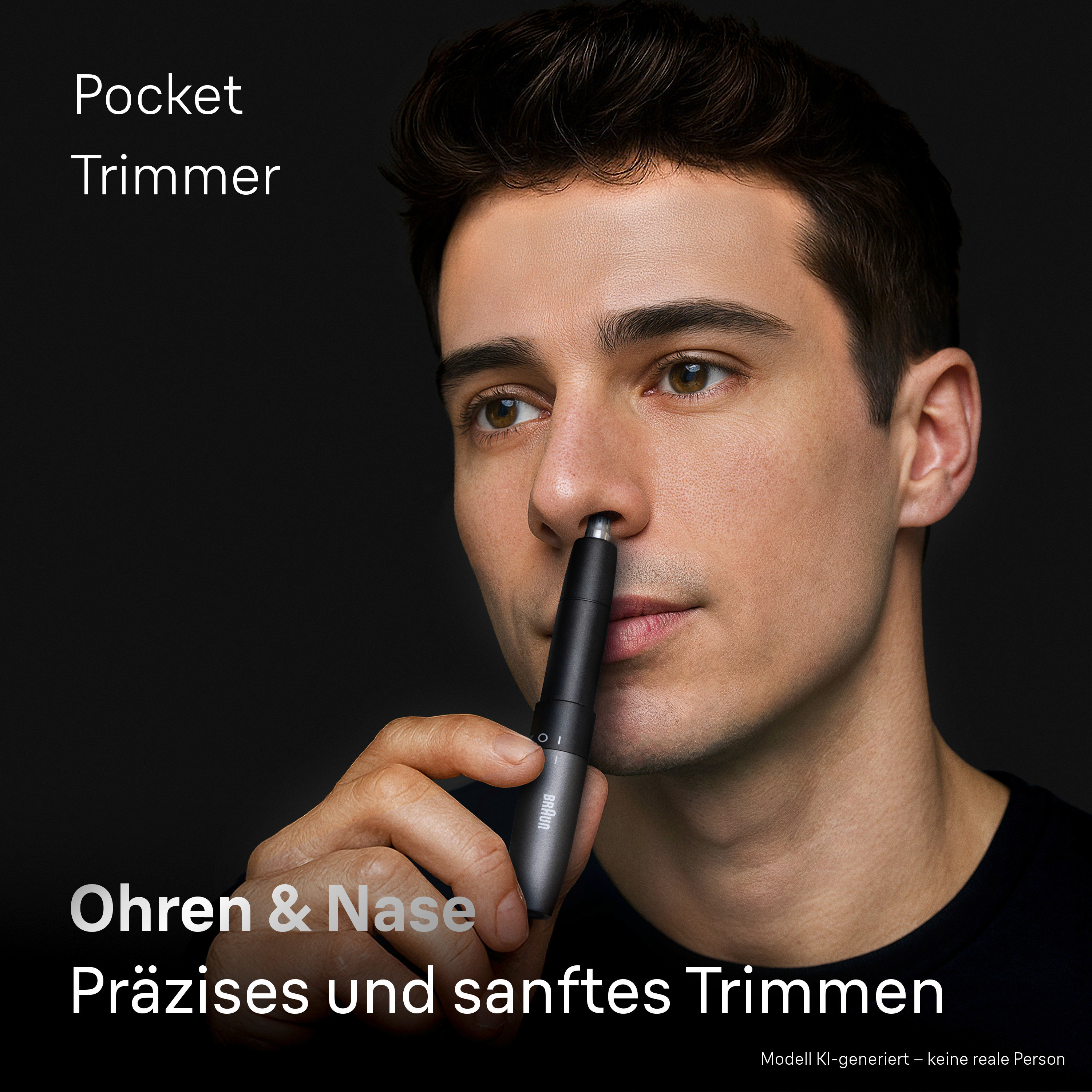 Un homme utilise un taille-narine Braun. Fond sombre.