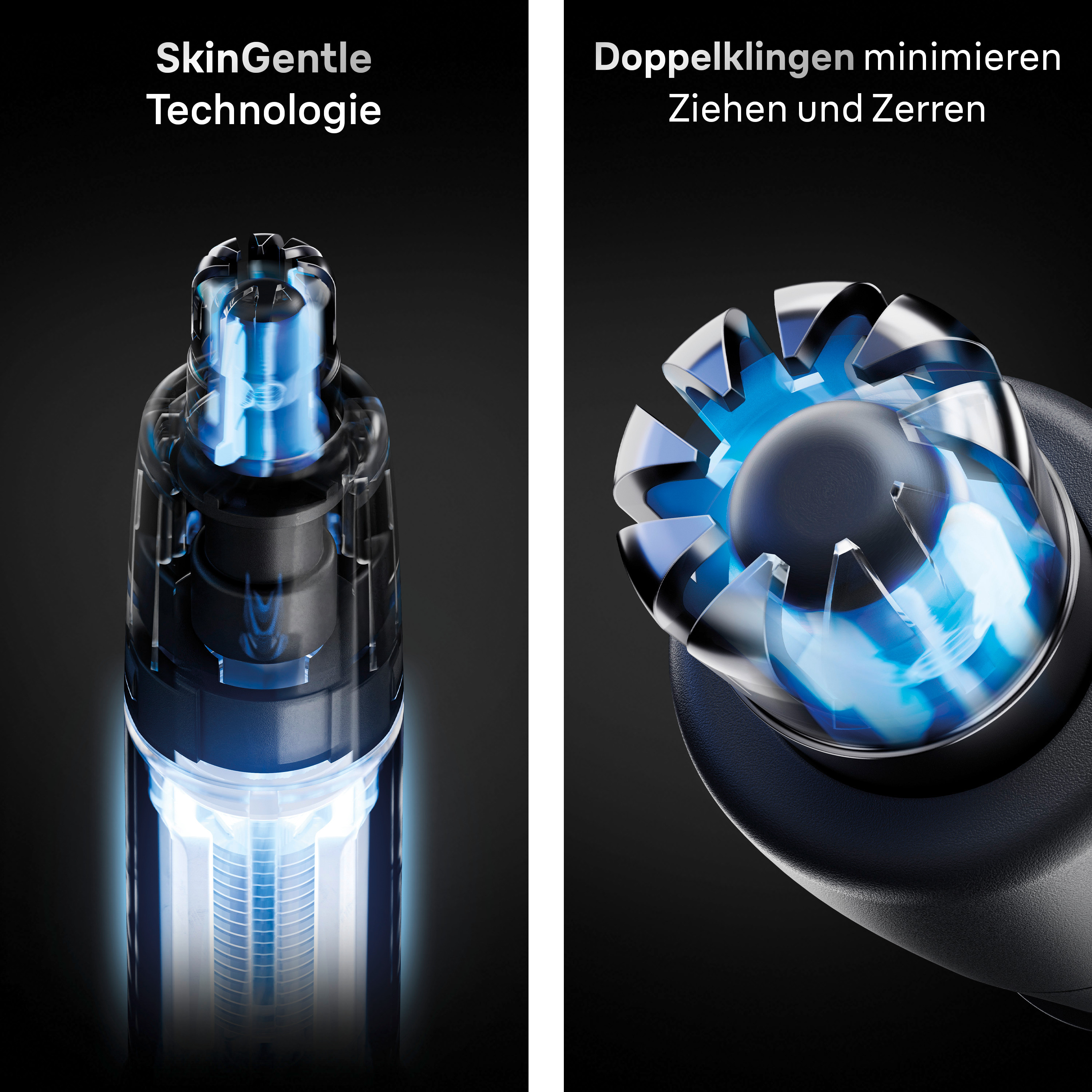 Gros plan d'une tondeuse avec éclairage bleu et texte : SkinGentle Technologie.