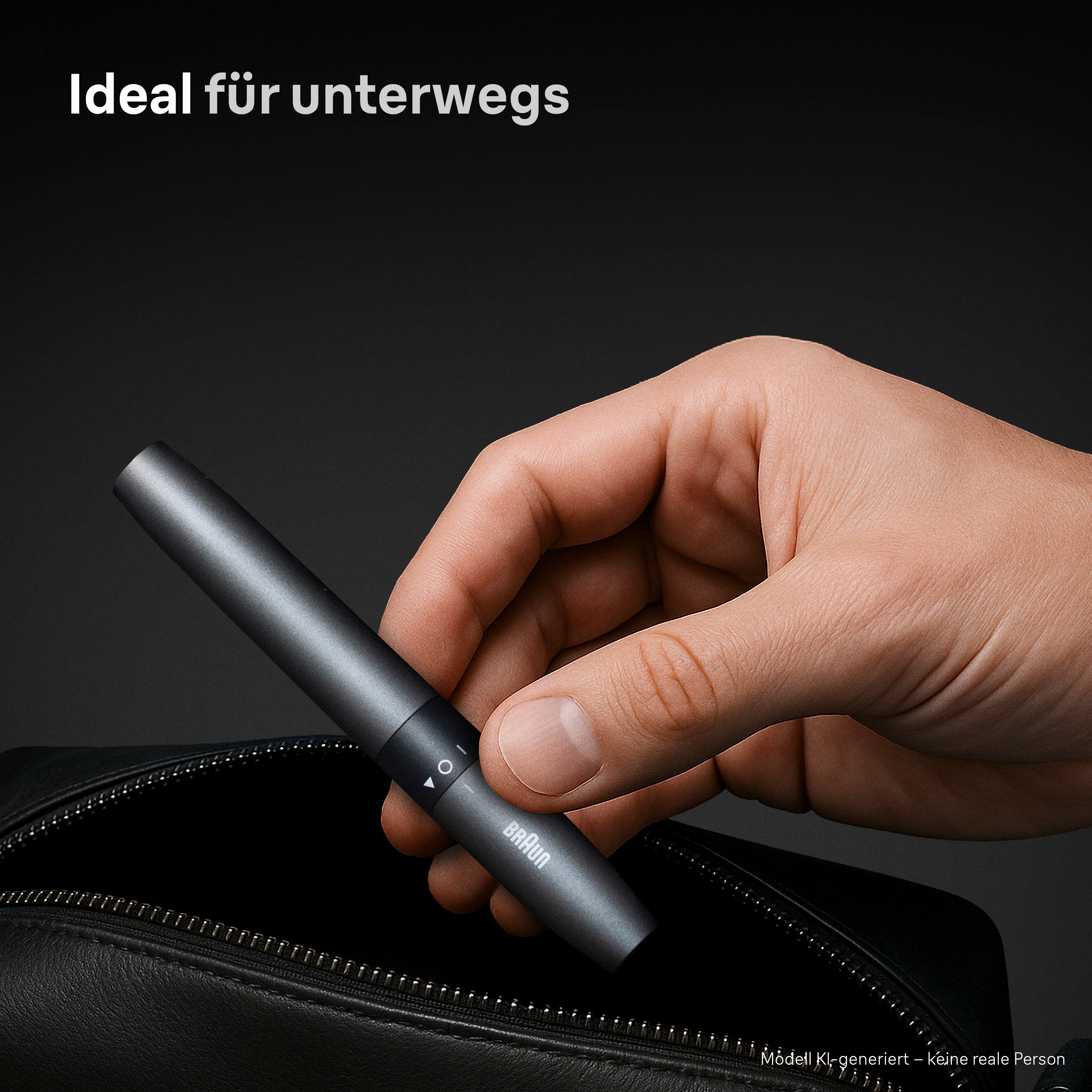 Une main tient un rasoir Braun foncé au-dessus d'un sac noir ouvert.