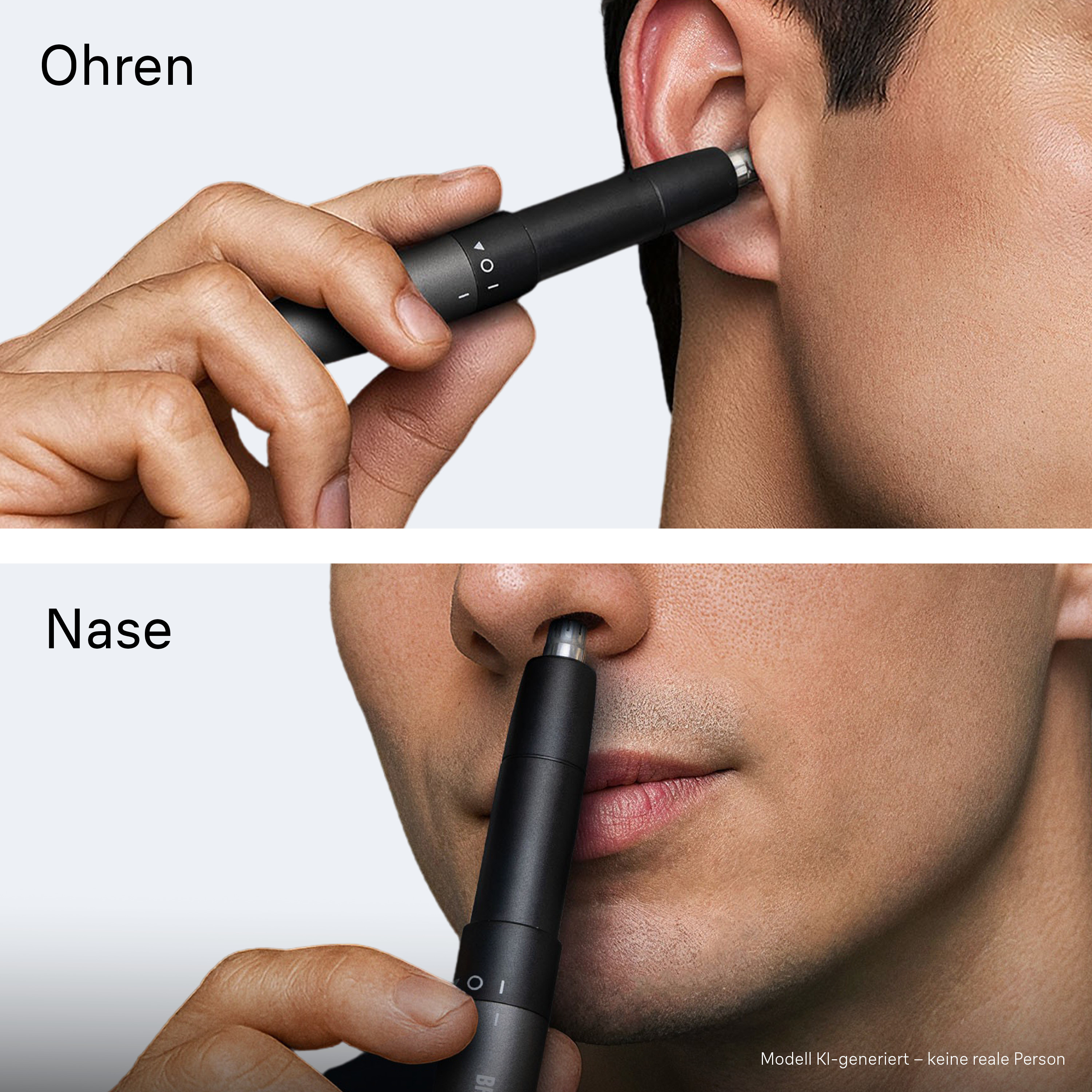 Un taille-haie nasal et auriculaire noir est utilisé.