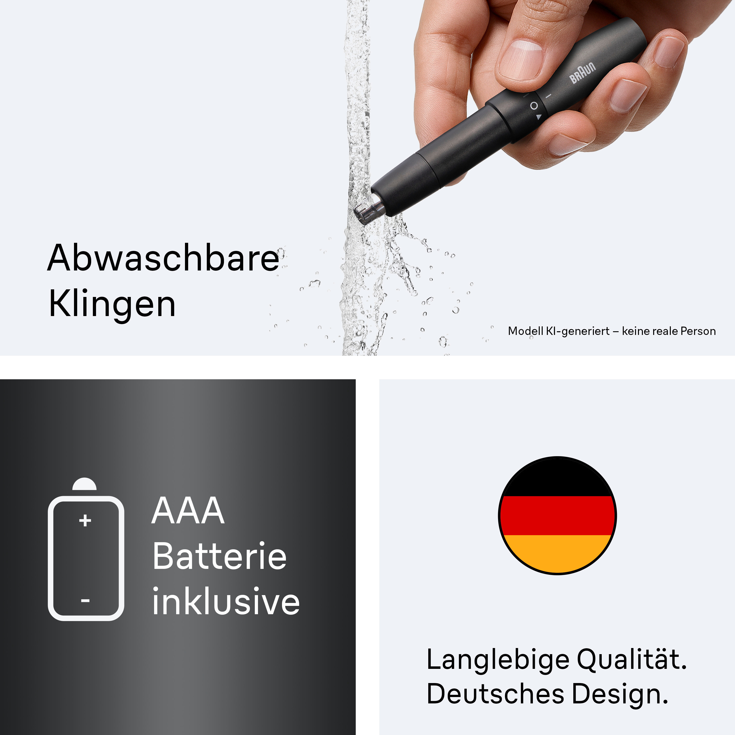 Lames lavables, pile AAA incluse, design allemand.