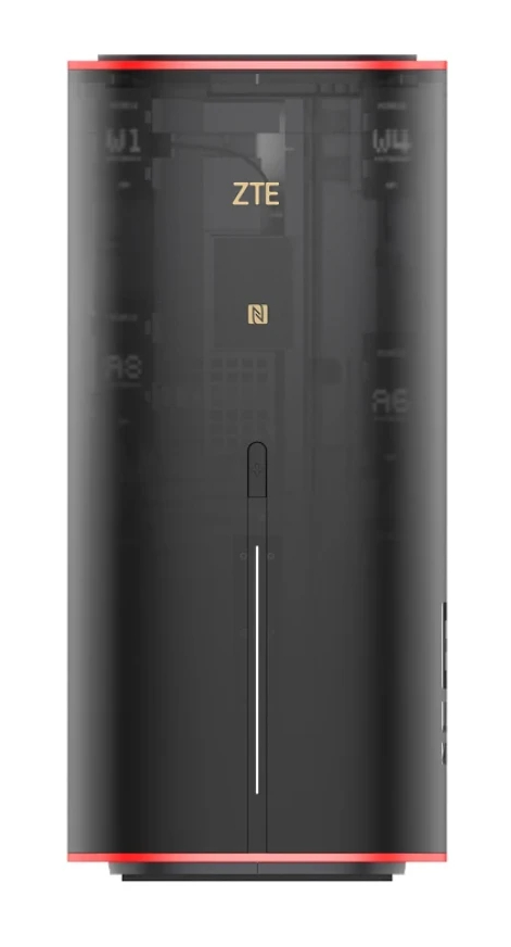 Czarny router ZTE z czerwonymi akcentami i widocznymi komponentami wewnętrznymi.