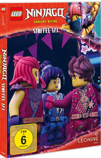 Lego Ninjago Dragons Rising Staffel 17.1 DVD Cover mit drei Figuren und einem Drachen.