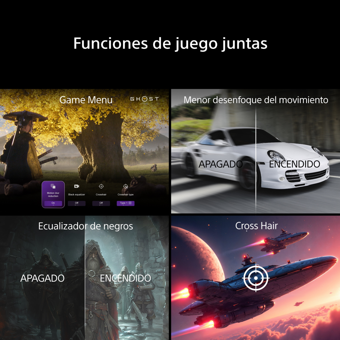 Menú de juego, menor desenfoque, ecualizador negro, mira, nave espacial.
