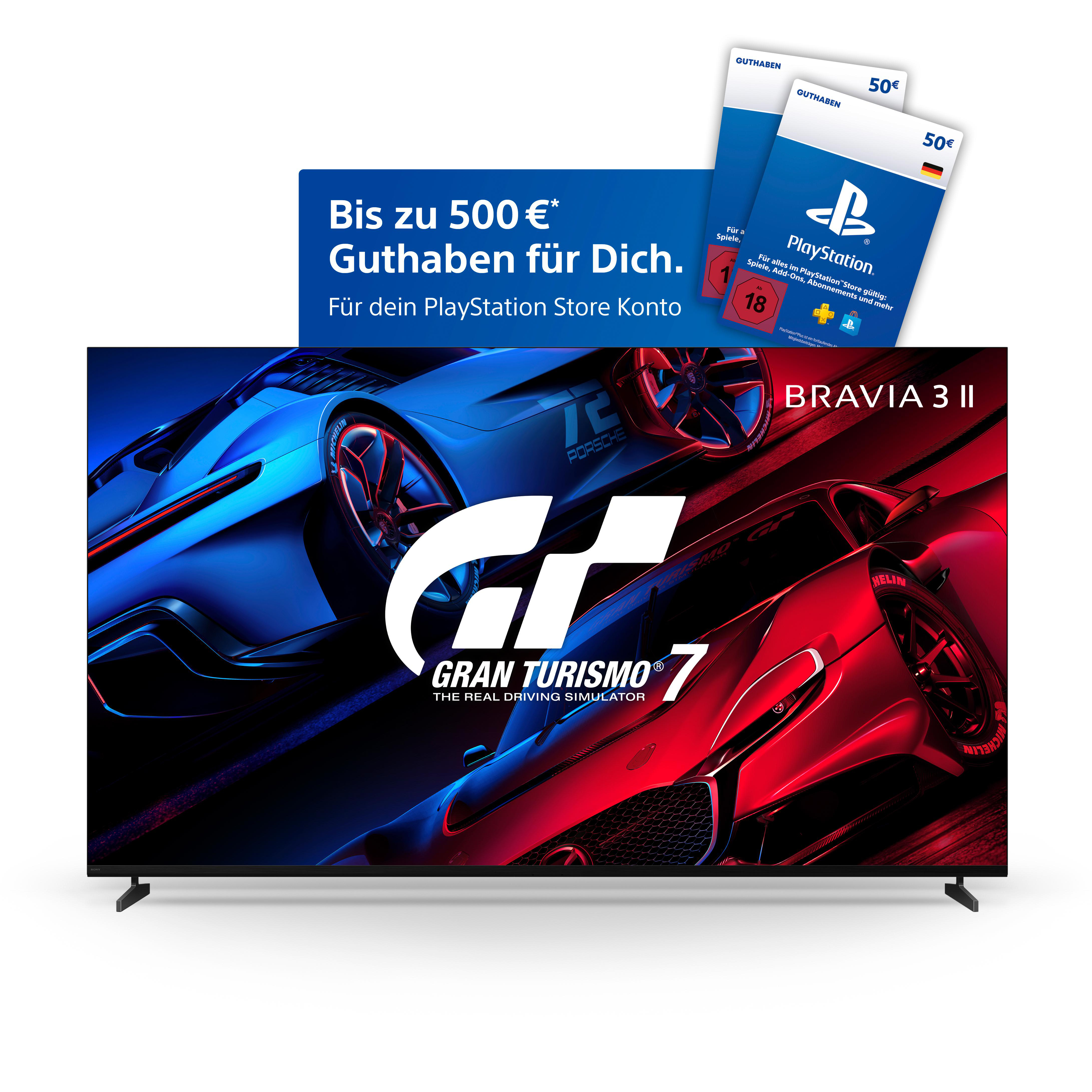 Sony Bravia TV zeigt Gran Turismo 7 mit roten und blauen Rennwagen, dazu PlayStation-Guthabenkarten.