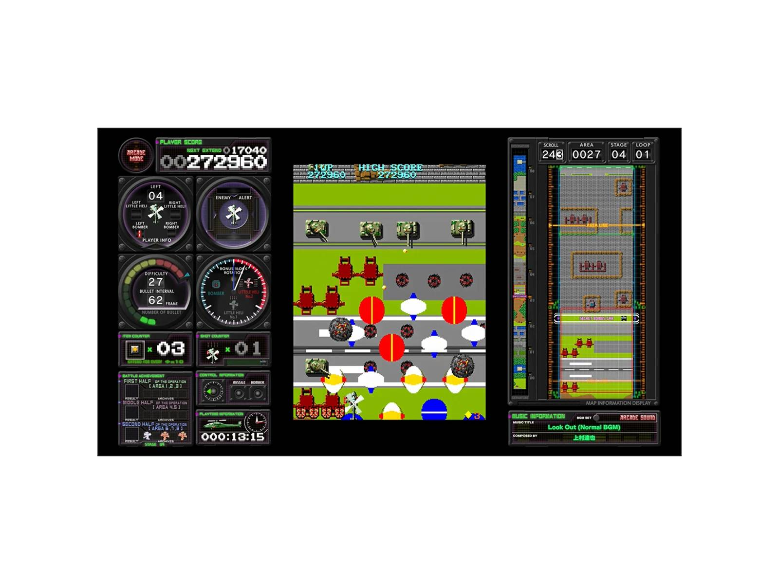 Una pantalla de juego arcade que muestra puntuación, información del jugador y vista del juego.