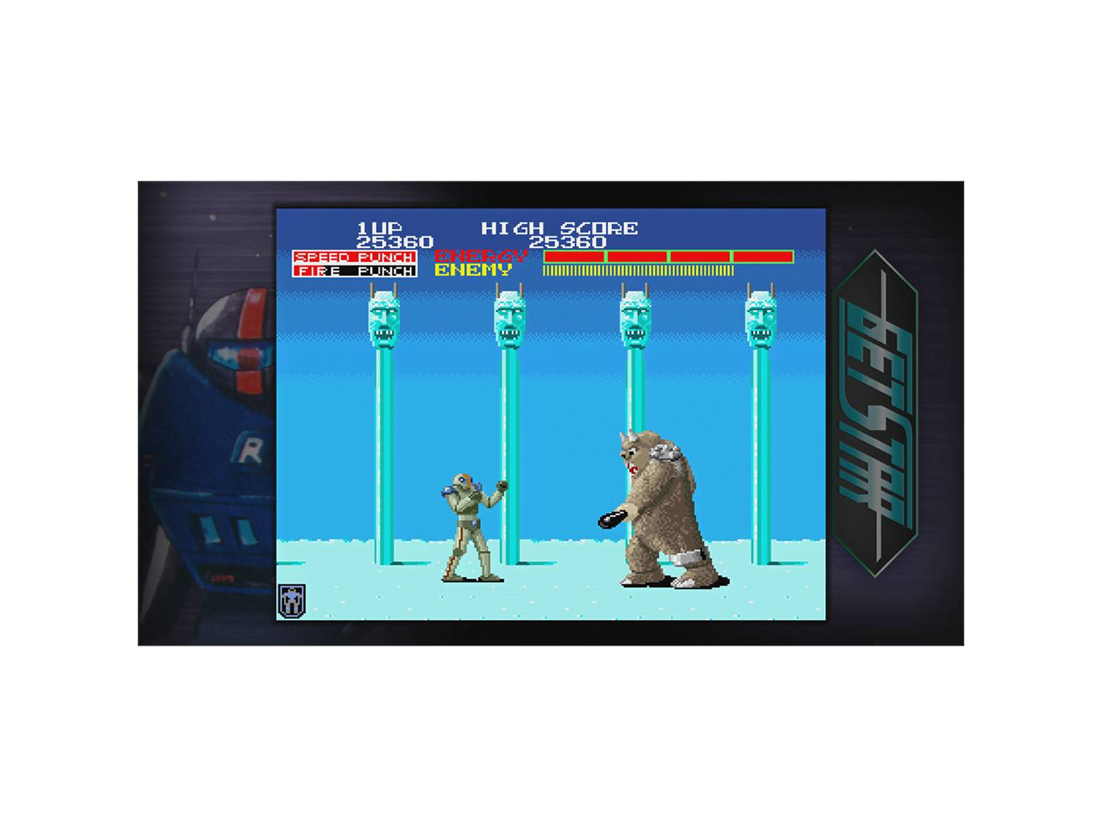 Una pantalla de juego de lucha pixelada con un guerrero y un monstruo peludo ante pilares azules.