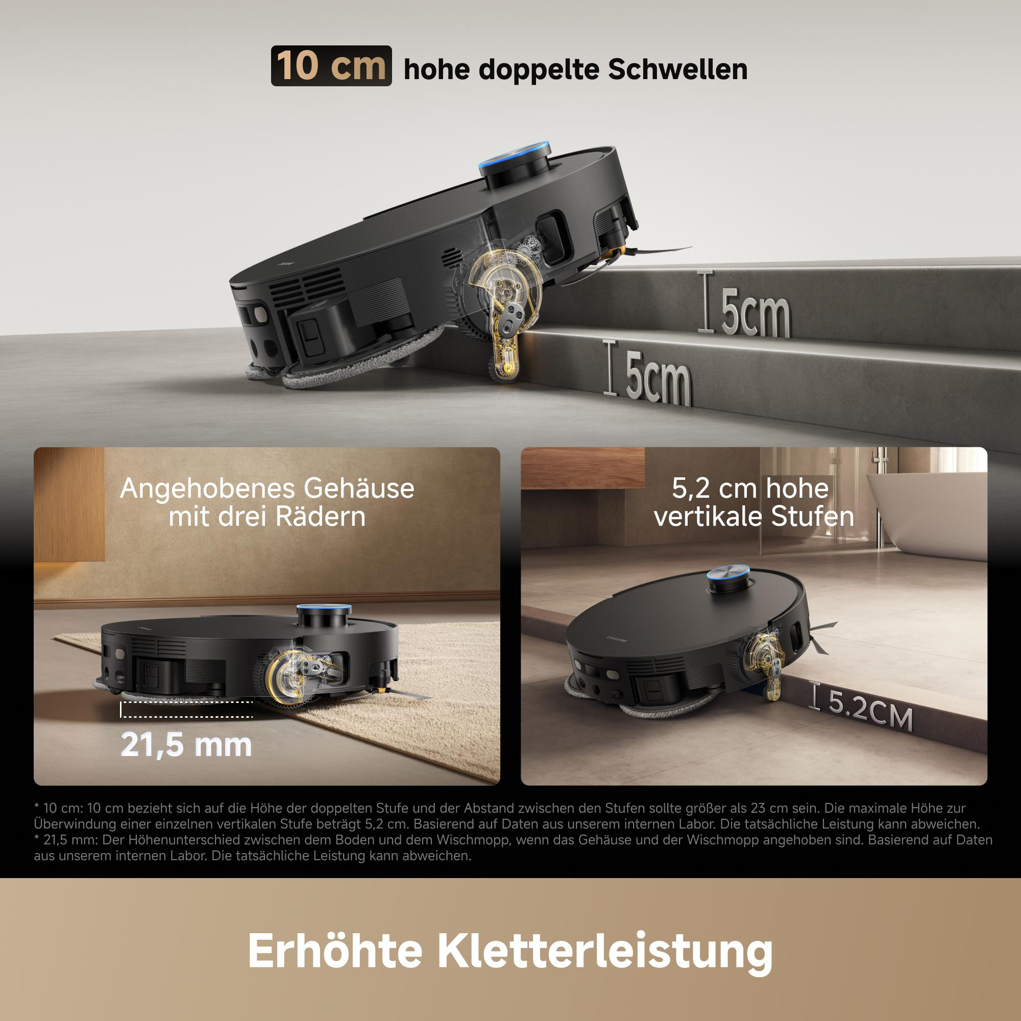 Schwarzer Saugroboter überwindet 10cm hohe Stufen und 5,2cm vertikale Hindernisse.
