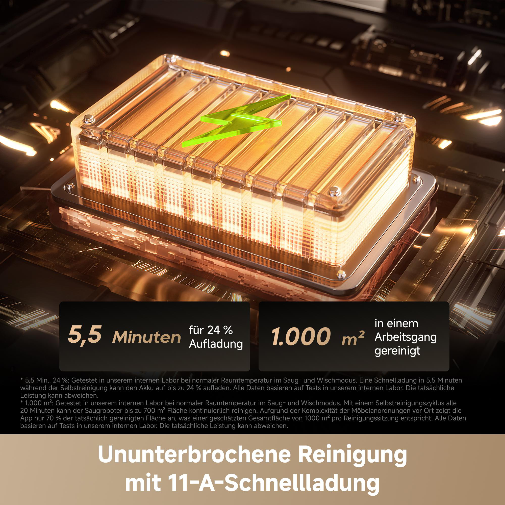 Nahaufnahme einer transparenten Batterie mit grüner Blitzikone. 5,5 Min. für 24% Ladung.