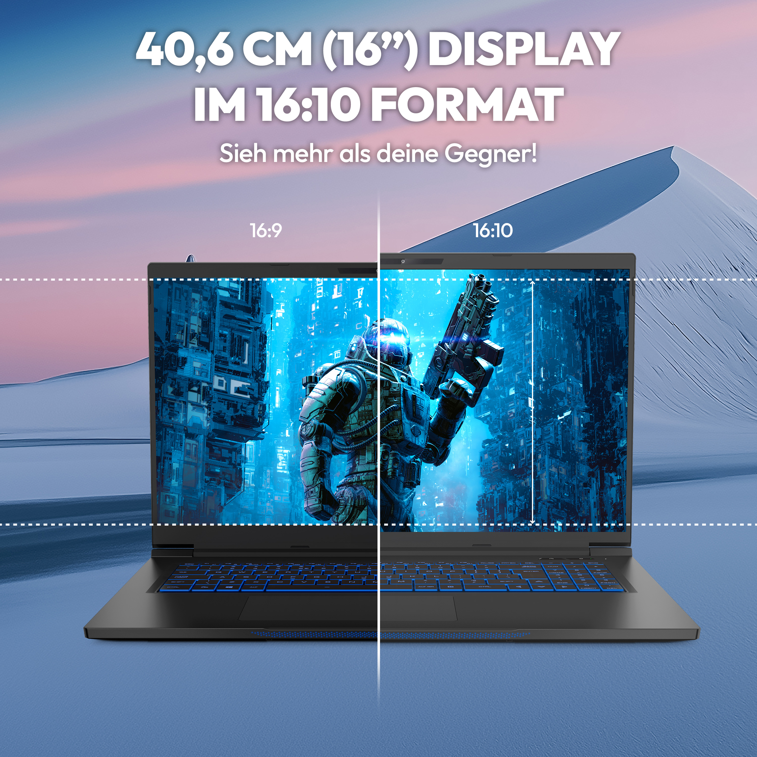 Laptop mit 16:10-Display zeigt Spielcharakter. Blaue Tastaturbeleuchtung.