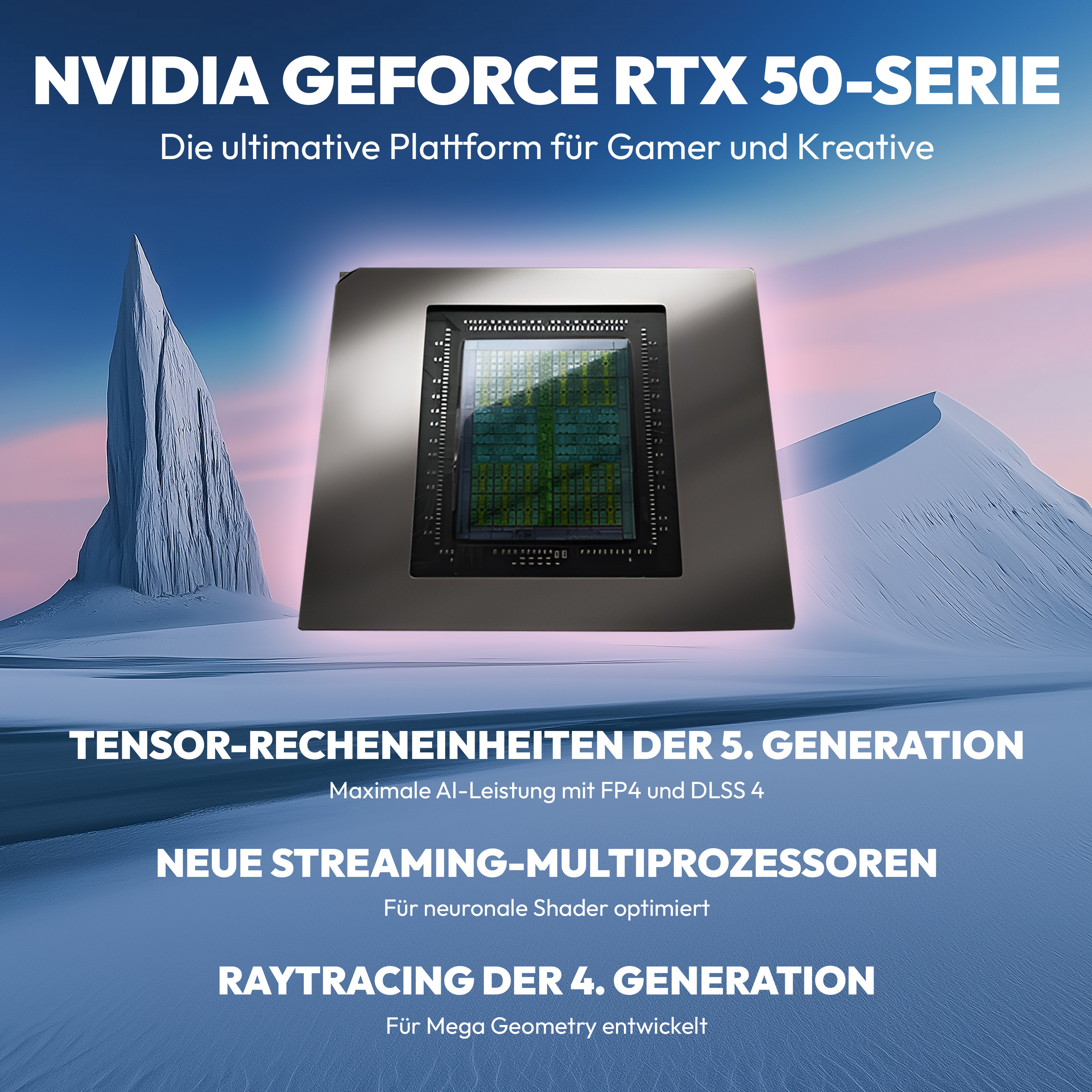 Nvidia RTX 50 Serie Chip auf eisiger Landschaft mit Text.