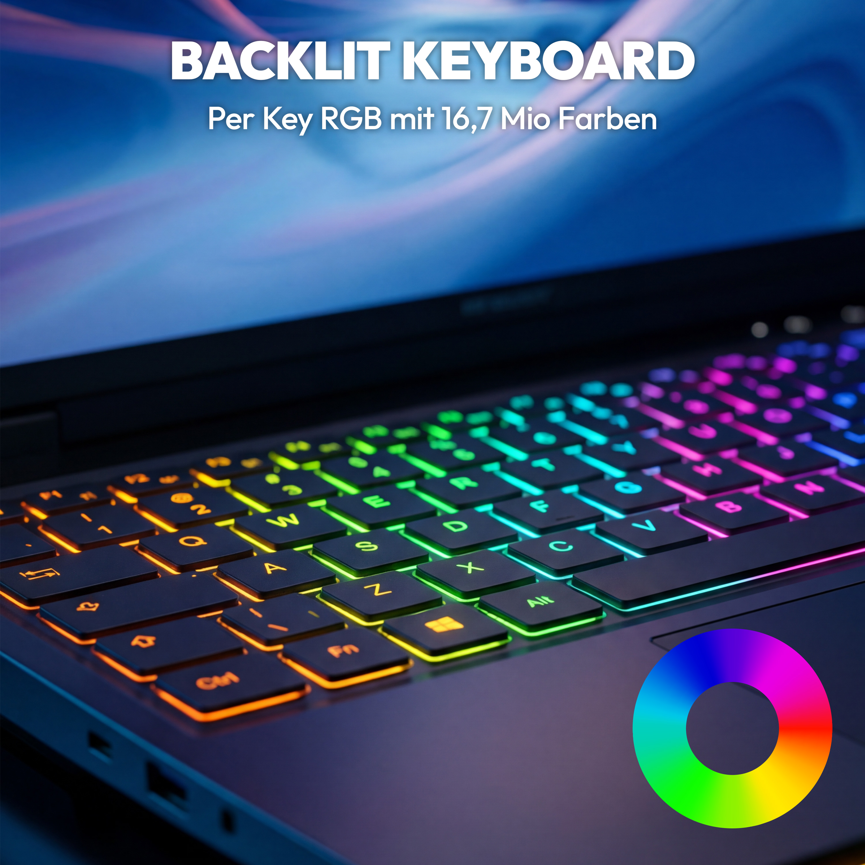 Ein Laptop mit beleuchteter Tastatur in Regenbogenfarben und einem Farbrad-Symbol.