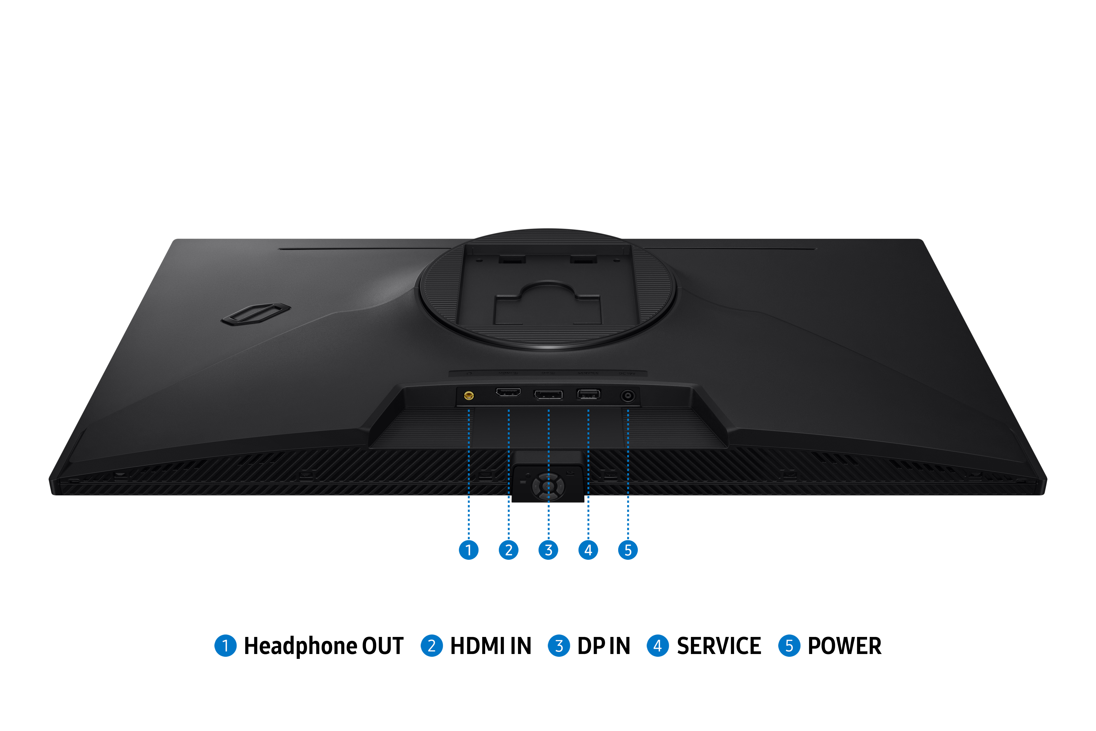 Siyah monitörün arkası: Kulaklık, HDMI, DP, Servis, Güç bağlantı noktaları.