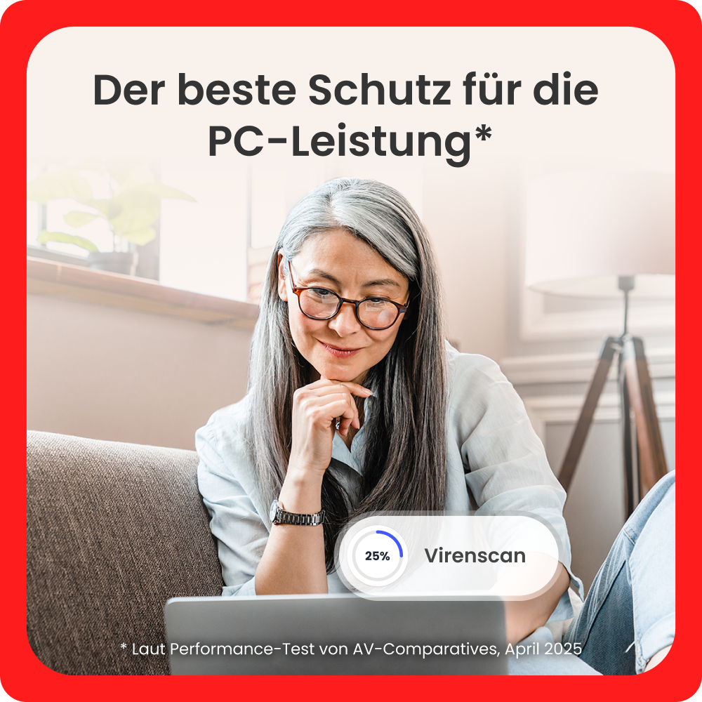 Frau mit Brille und grauen Haaren blickt auf Laptop. Virenscan 25% angezeigt.