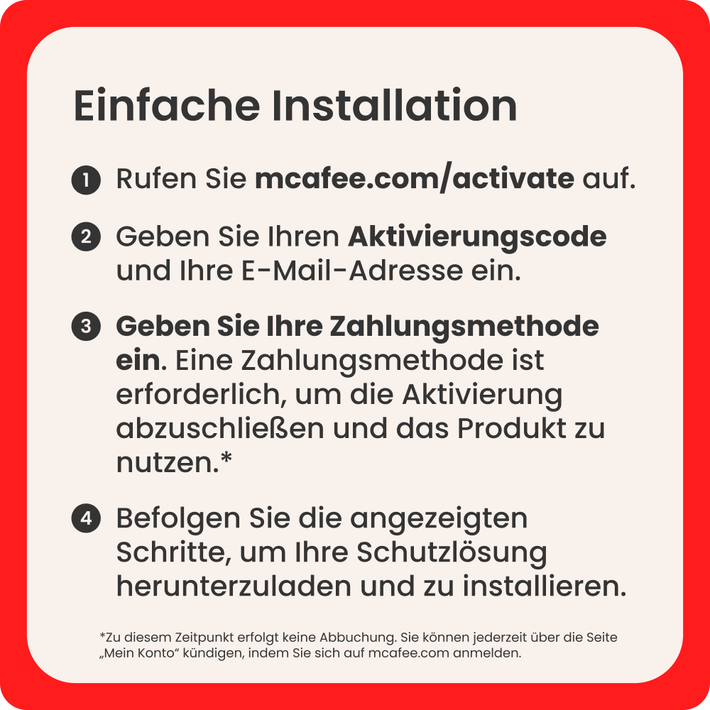 Einfache Installation: Besuchen Sie mcafee.com/activate, geben Sie Code und E-Mail ein.