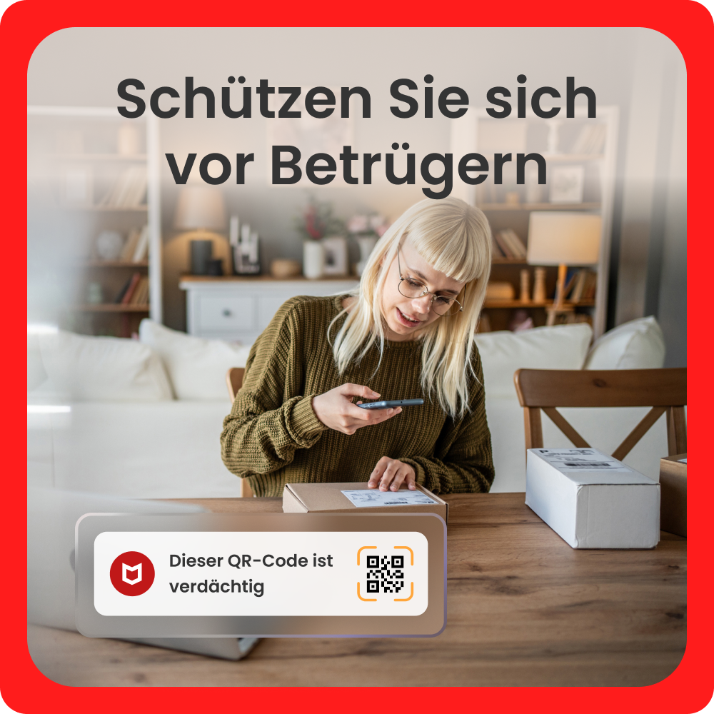 Frau scannt QR-Code auf Paket mit Handy. Warnhinweis: QR-Code ist verdächtig.