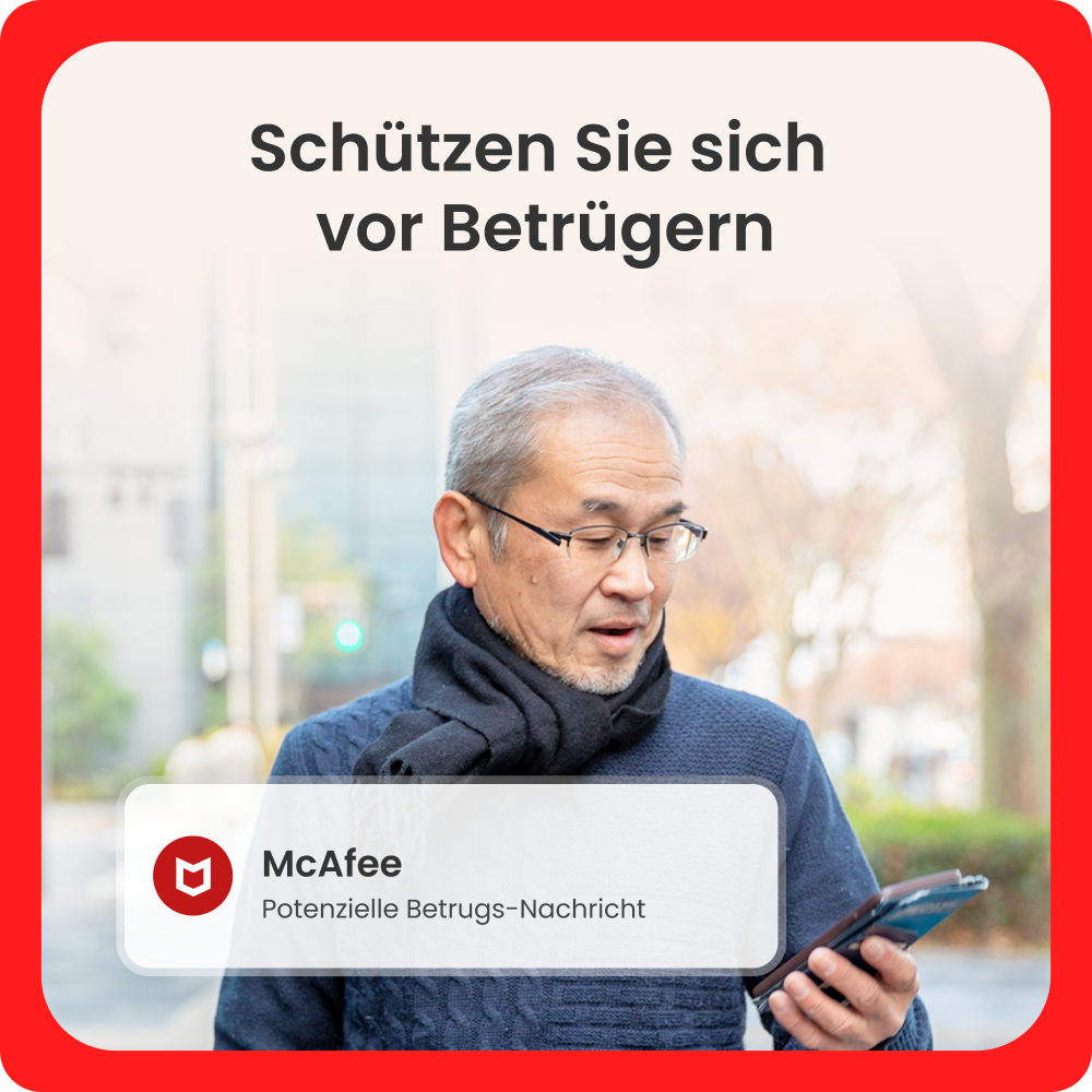 Ein Mann blickt auf sein Handy. Ein McAfee-Pop-up zeigt eine Betrugswarnung an.